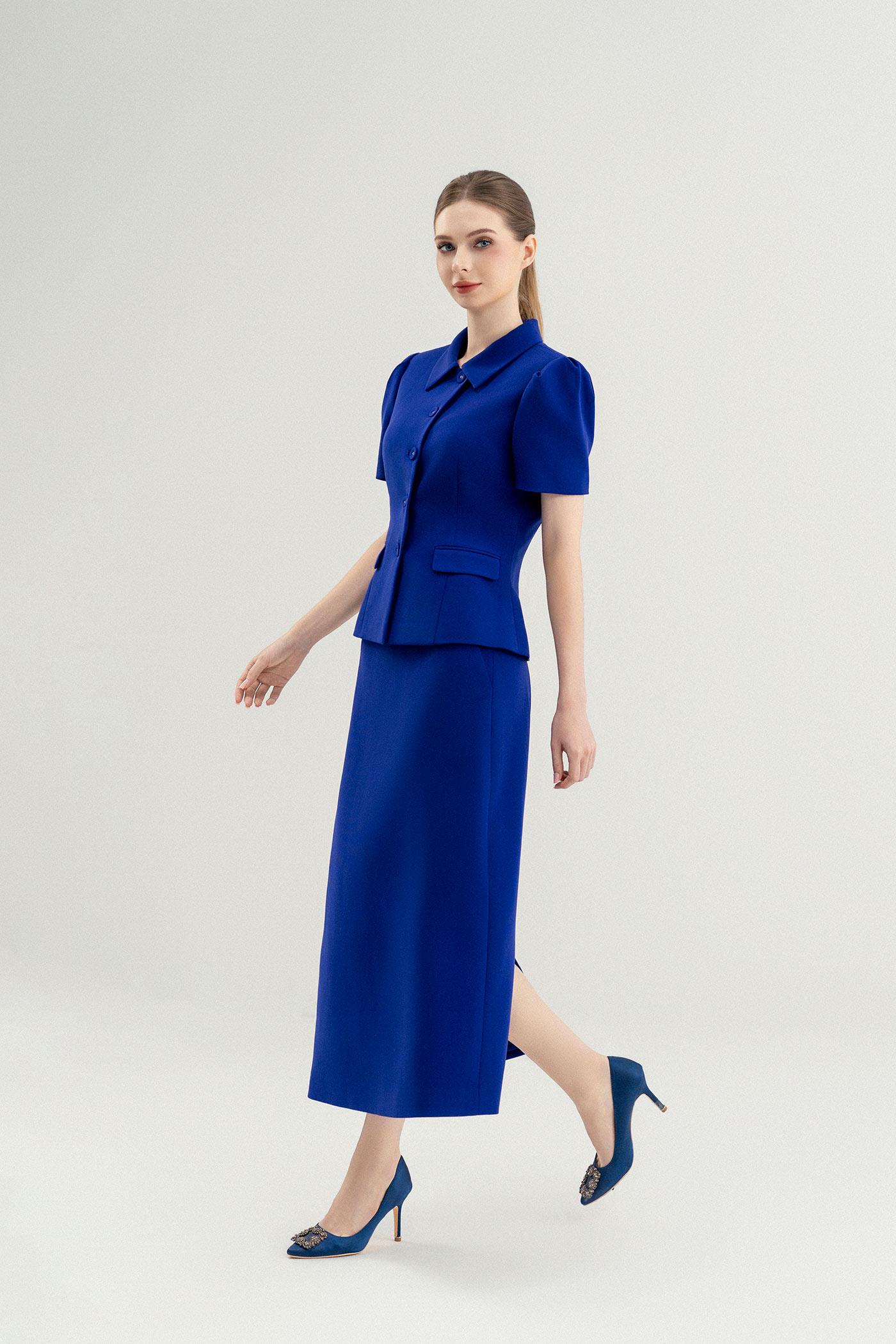 Set Áo Cổ Đức & Chân Váy Dáng Dài – Xanh Hoàng Gia