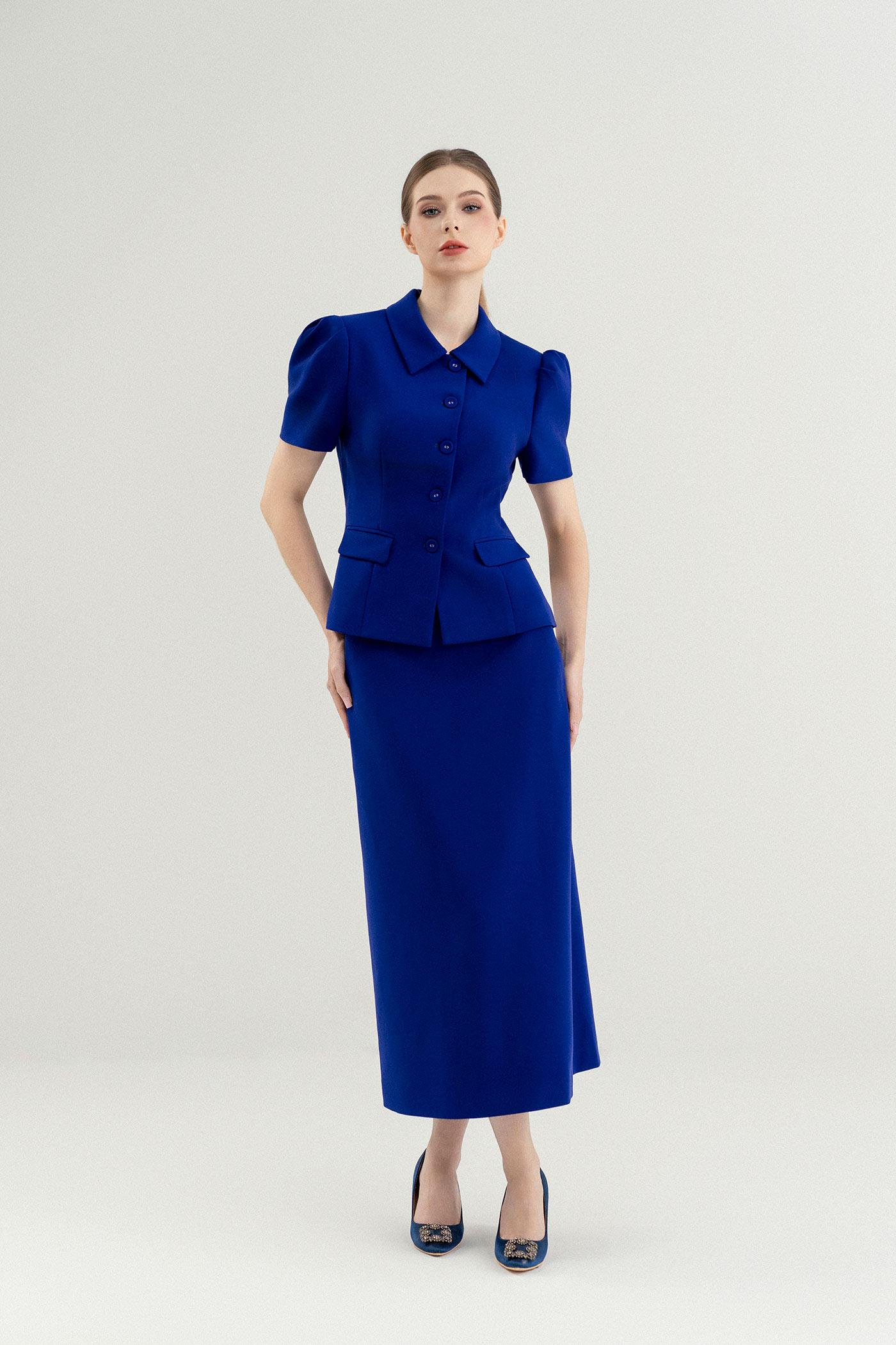 Set Áo Cổ Đức & Chân Váy Dáng Dài – Xanh Hoàng Gia