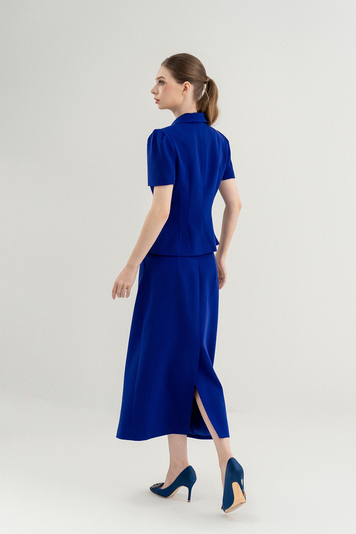 Set Áo Cổ Đức & Chân Váy Dáng Dài – Xanh Hoàng Gia