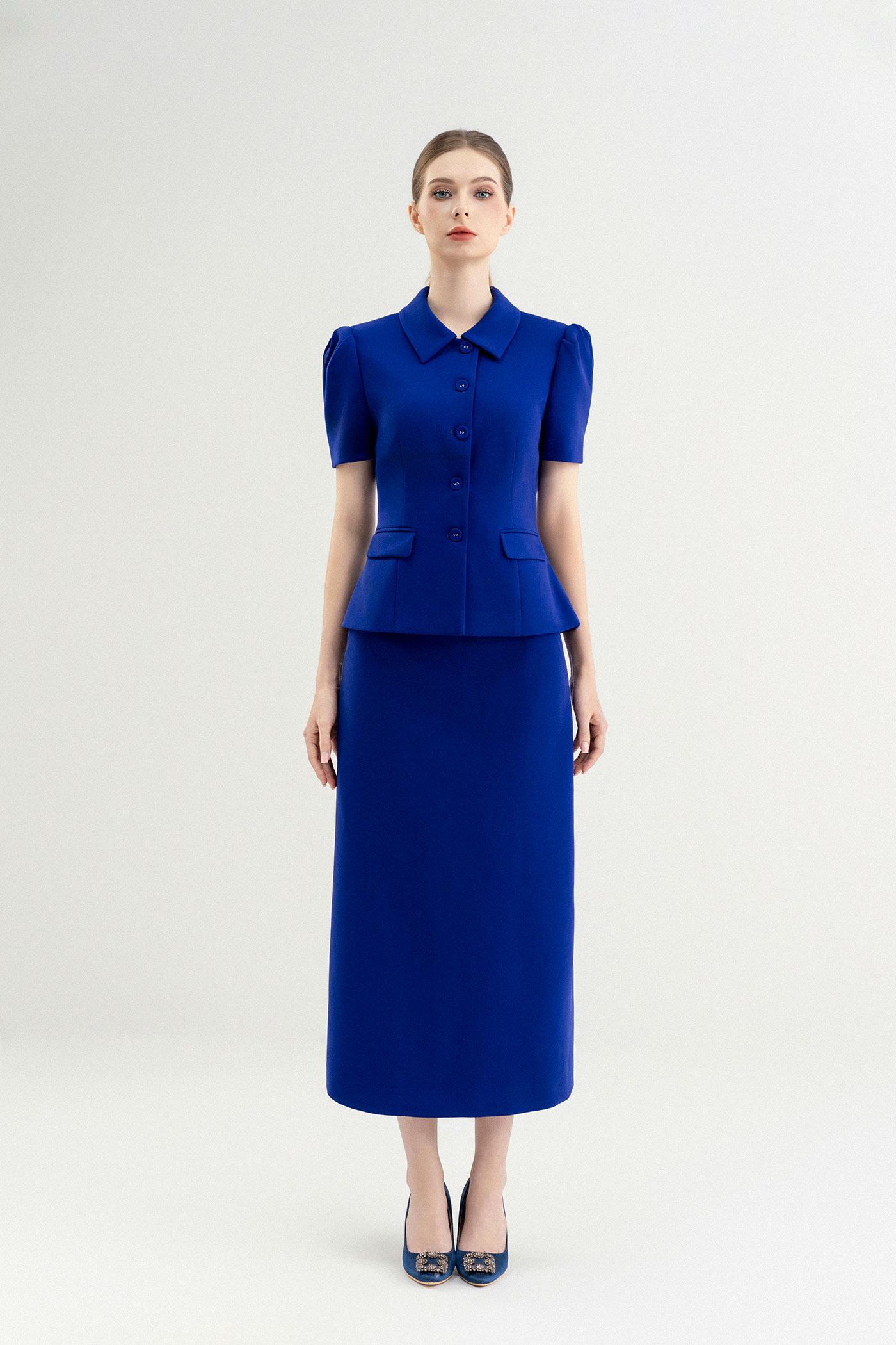 Set Áo Cổ Đức & Chân Váy Dáng Dài – Xanh Hoàng Gia