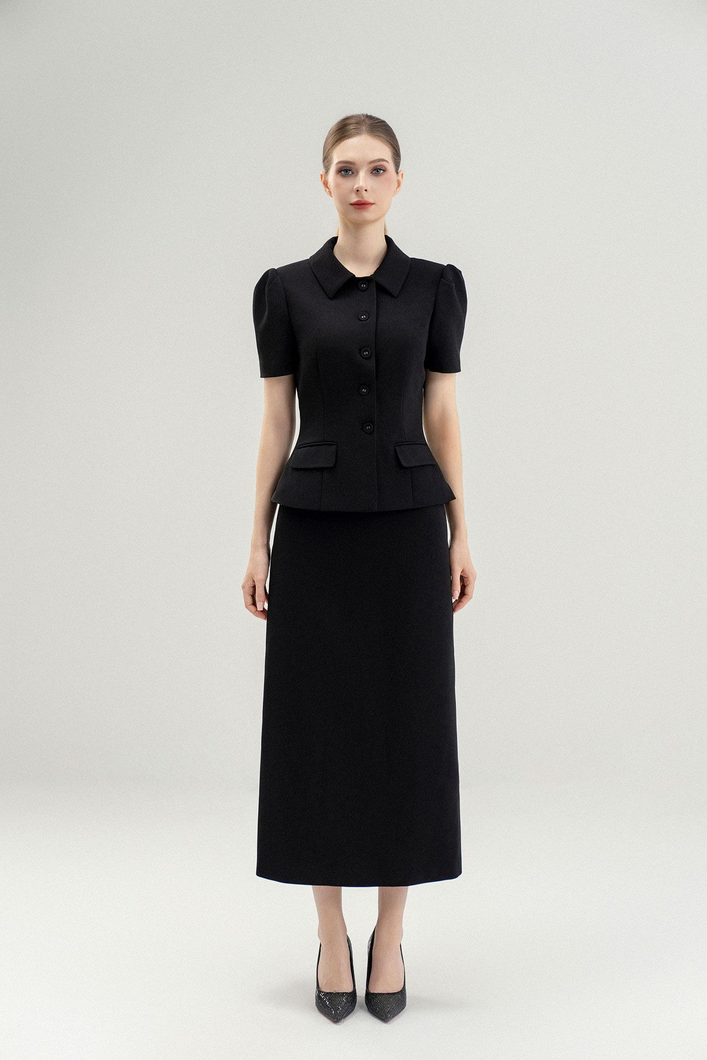 Set Áo Cổ Đức & Chân Váy Dáng Dài – Đen