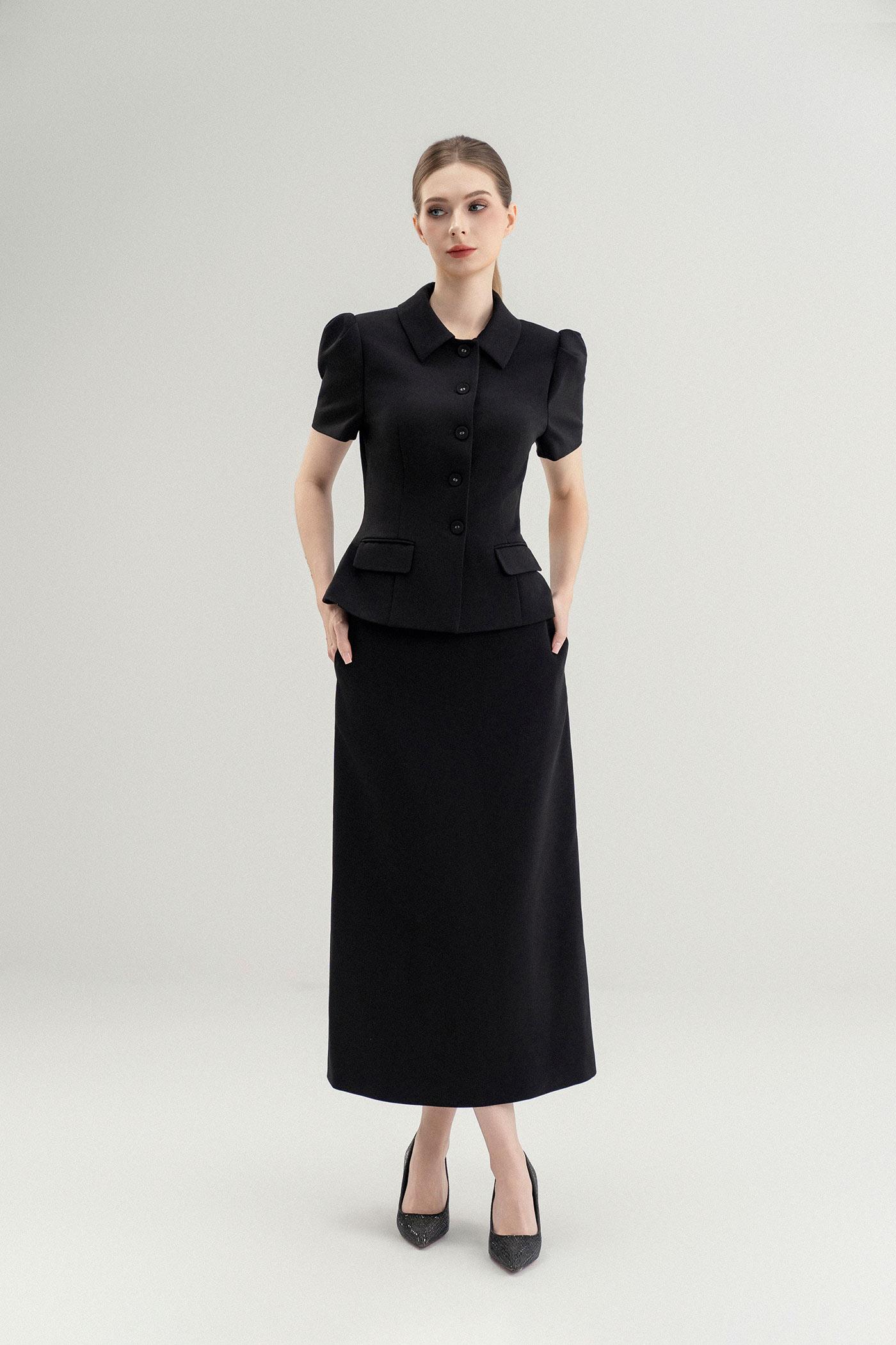 Set Áo Cổ Đức & Chân Váy Dáng Dài – Đen