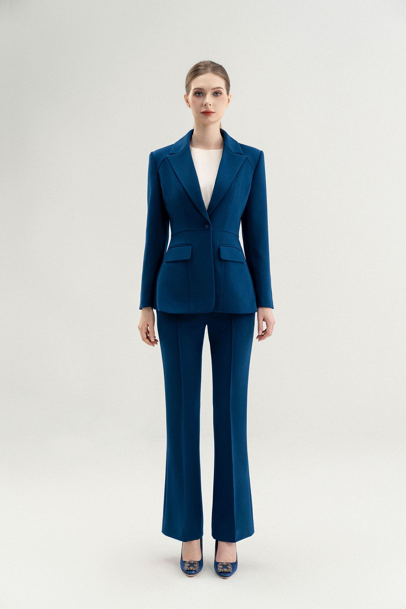 Bộ Suit Nữ Blazer Dáng Ôm & Quần Ống Loe – Xanh Teal