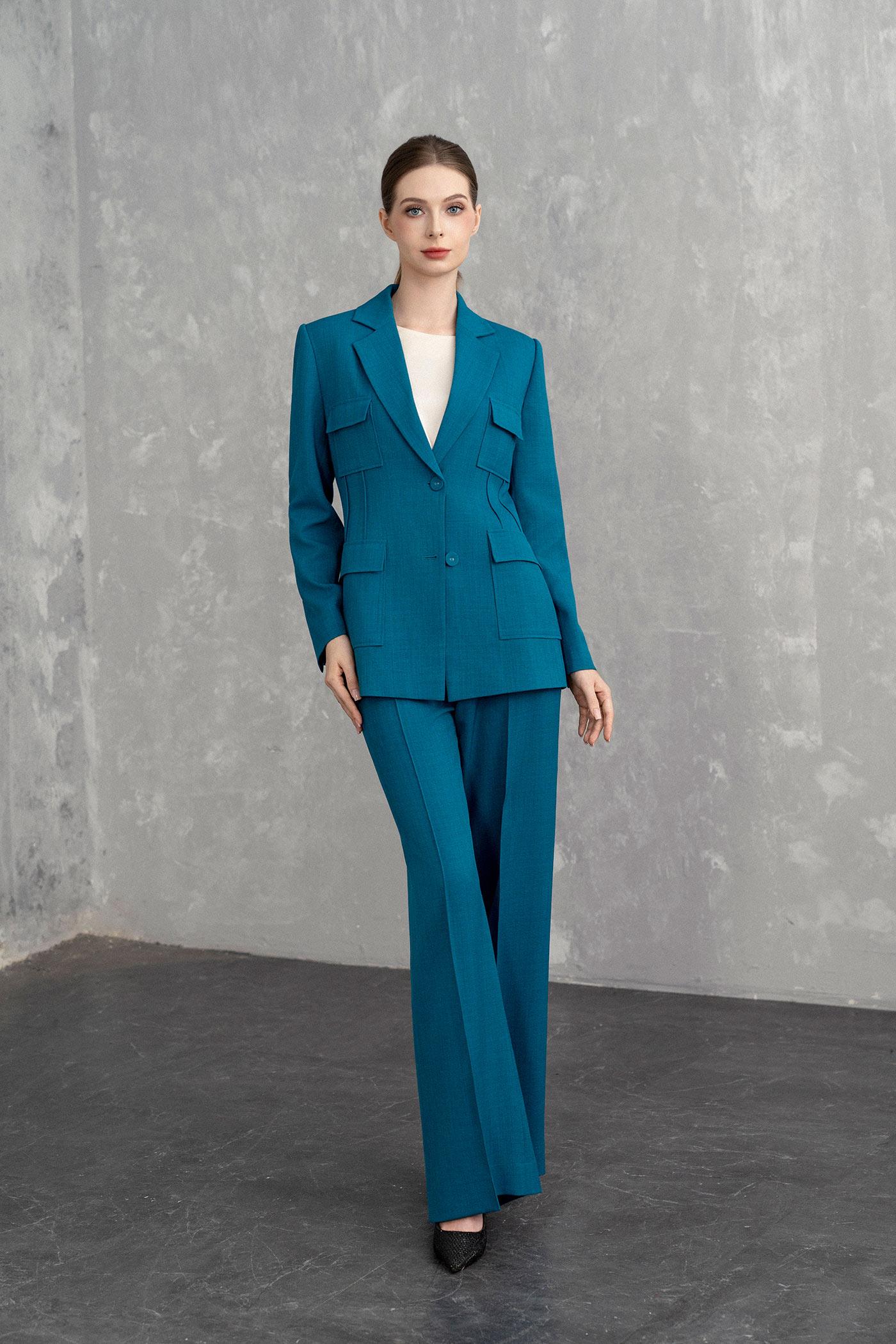 Bộ Suit Nữ Blazer Thanh Lịch & Quần Ống Rộng – Xanh Teal