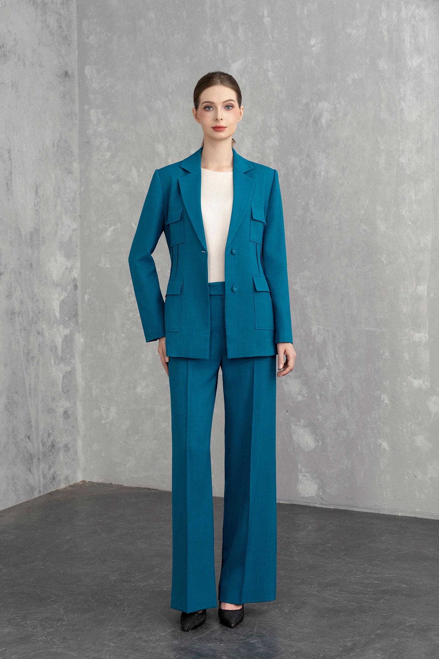 Bộ Suit Nữ Blazer Thanh Lịch & Quần Ống Rộng – Xanh Teal