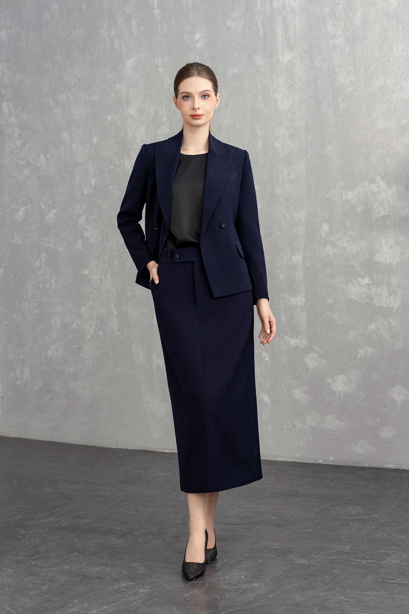 Bộ Suit Nữ Blazer Thanh Lịch & Chân Váy Dài – Xanh Navy