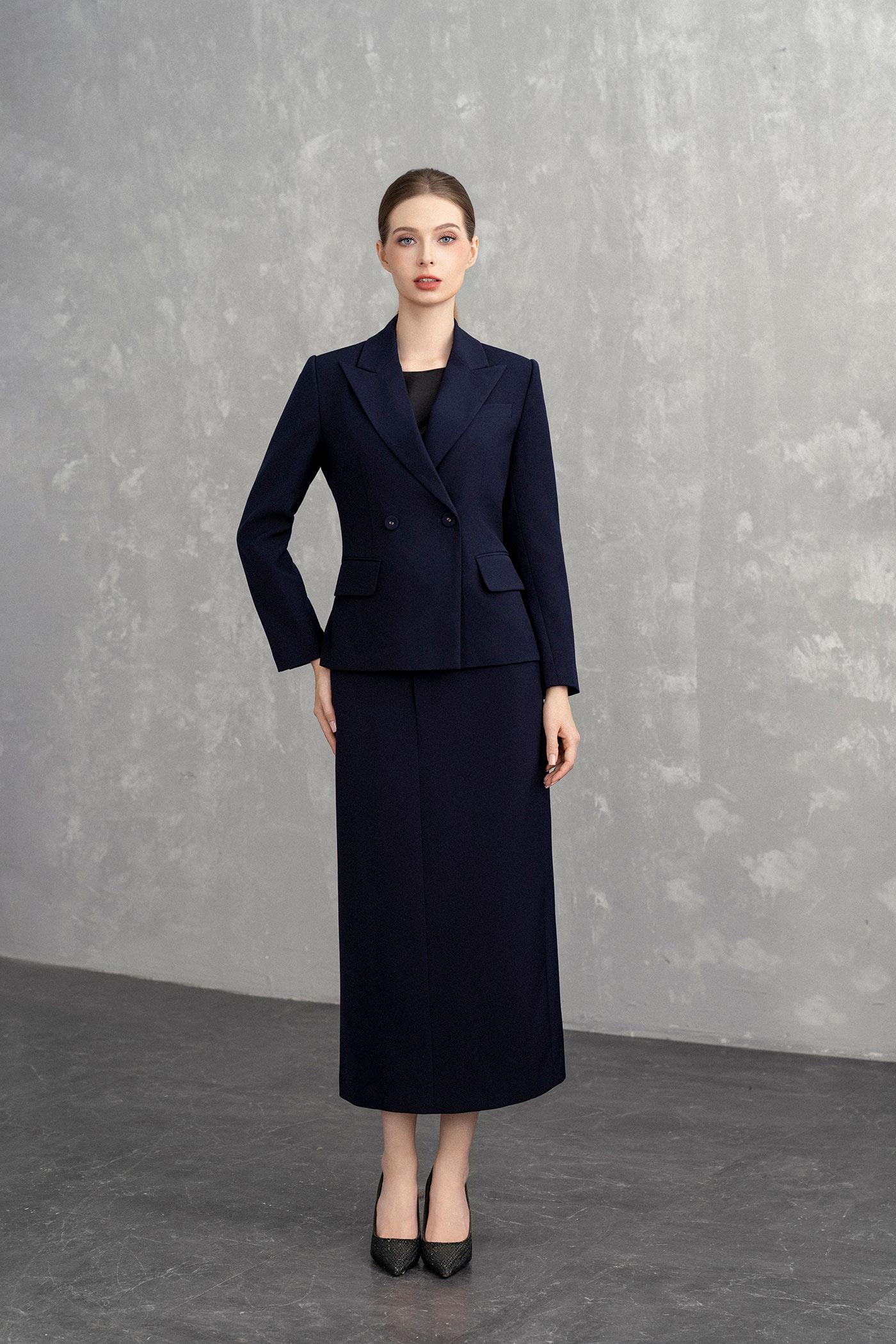 Bộ Suit Nữ Blazer Thanh Lịch & Chân Váy Dài – Xanh Navy