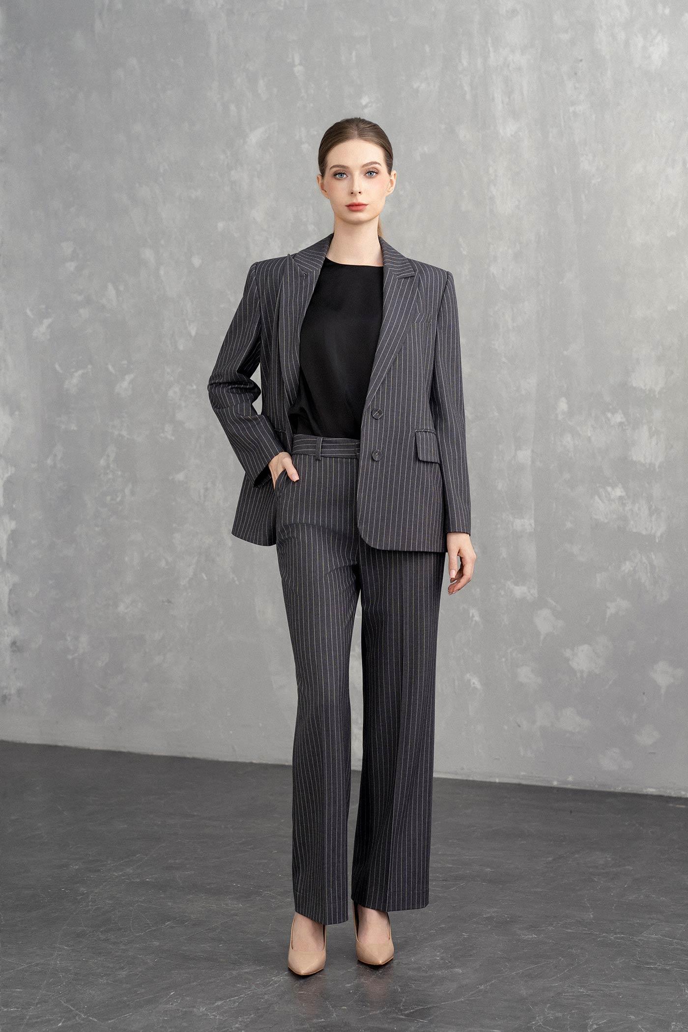 Bộ Suit Nữ Blazer Thanh Lịch & Quần Suông Kẻ Sọc – Xám Pinstripe