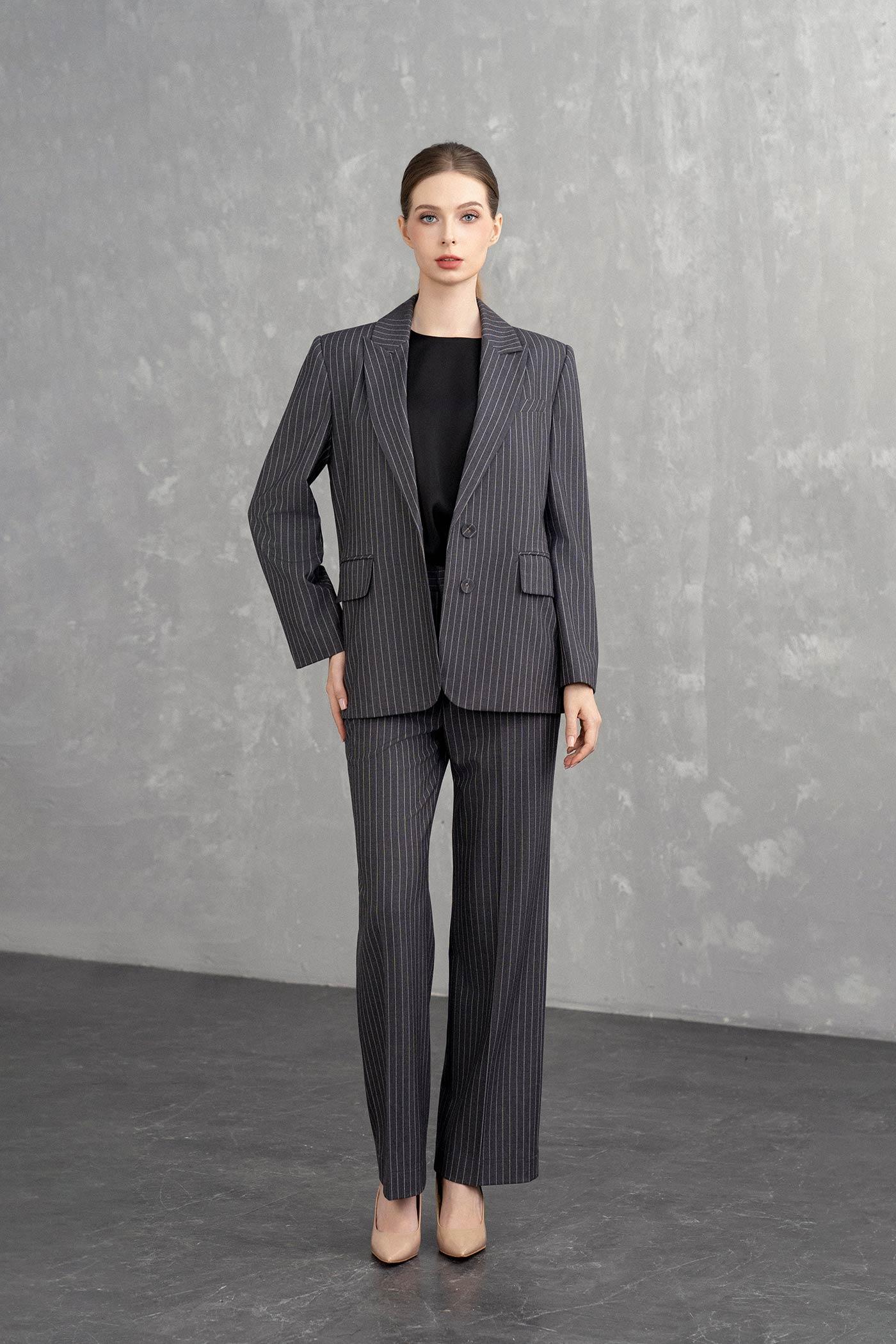 Bộ Suit Nữ Blazer Thanh Lịch & Quần Suông Kẻ Sọc – Xám Pinstripe