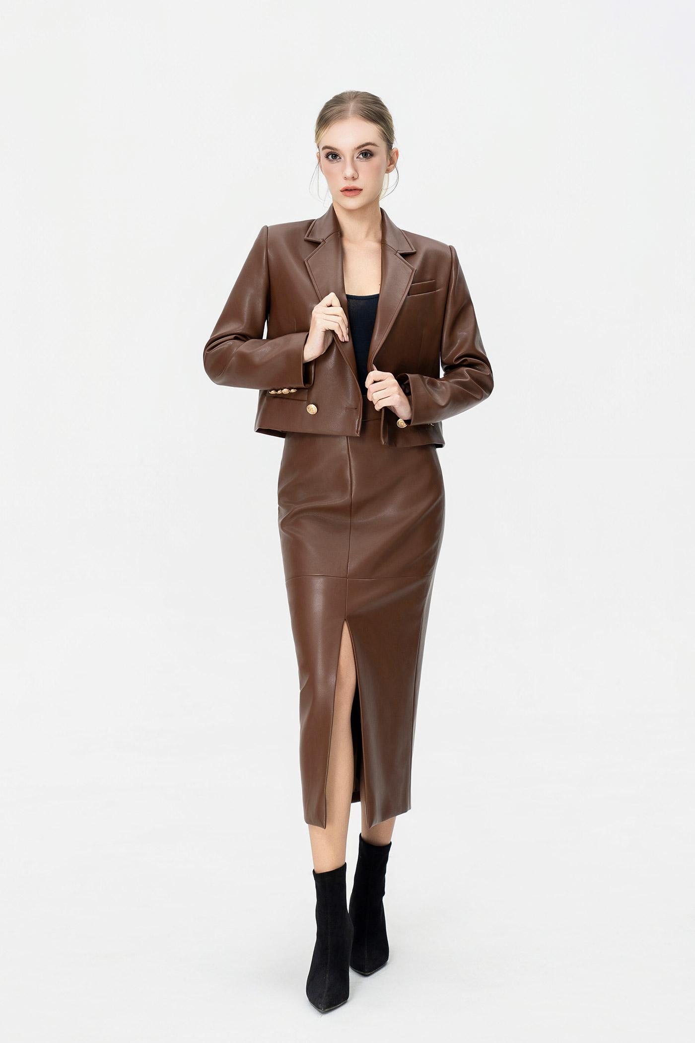 Bộ Blazer Cropped & Chân Váy Bút Chì Da PU