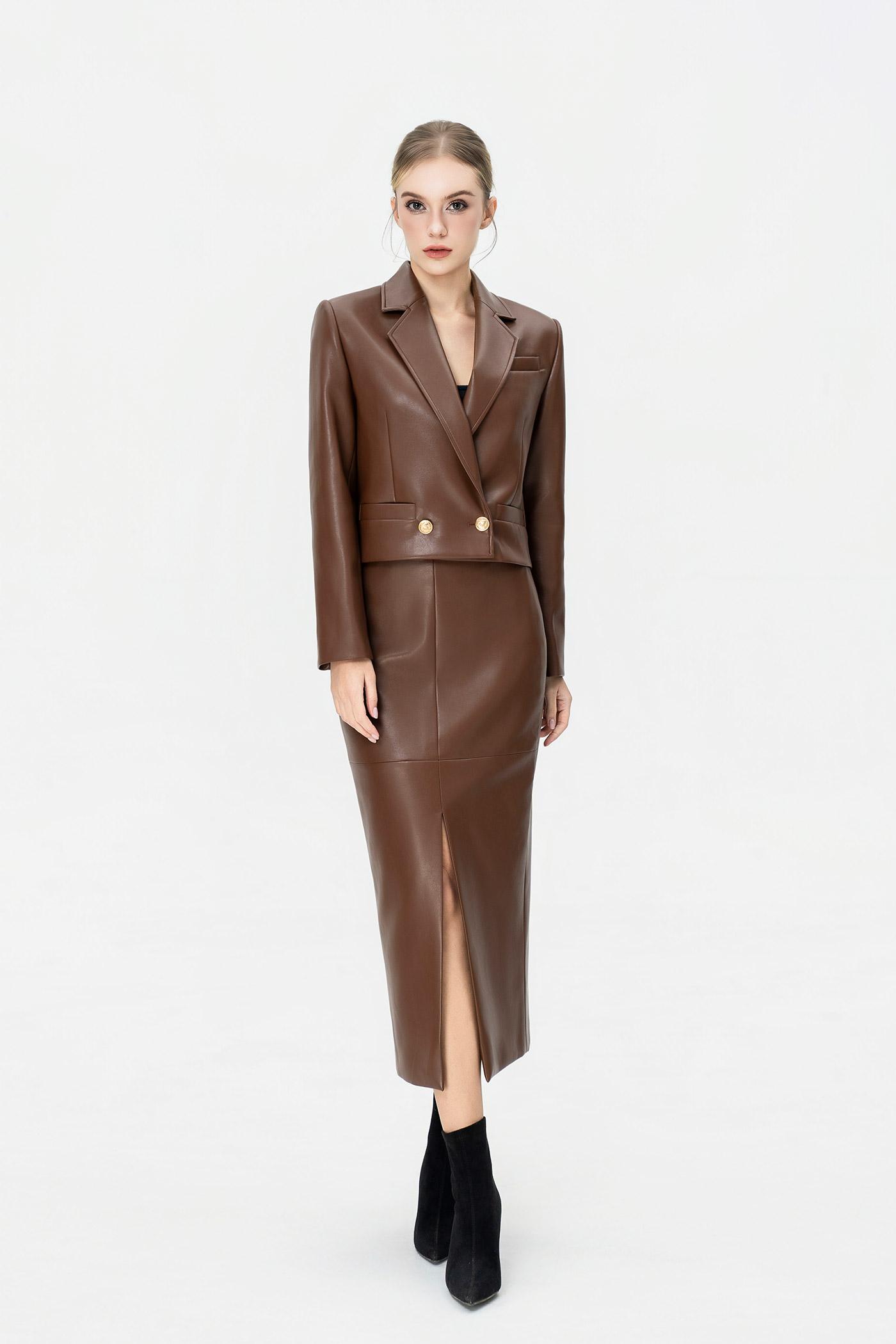 Bộ Blazer Cropped & Chân Váy Bút Chì Da PU