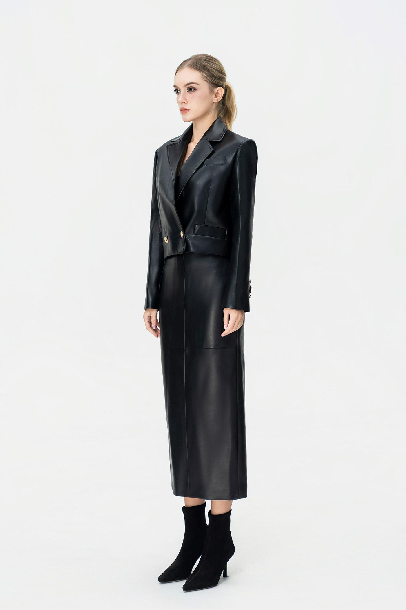 Bộ Blazer Cropped & Chân Váy Dài Da PU