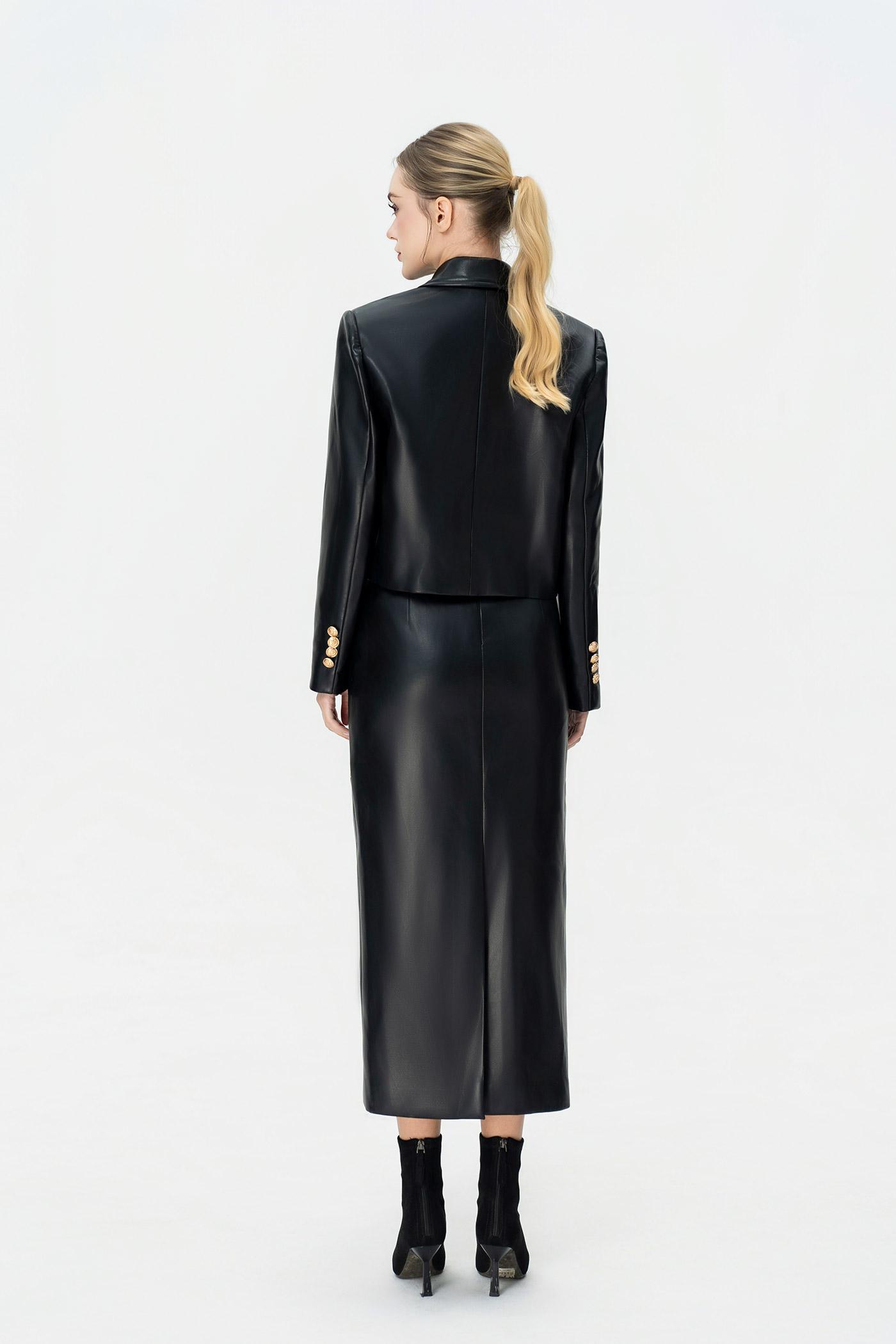 Bộ Blazer Cropped & Chân Váy Dài Da PU