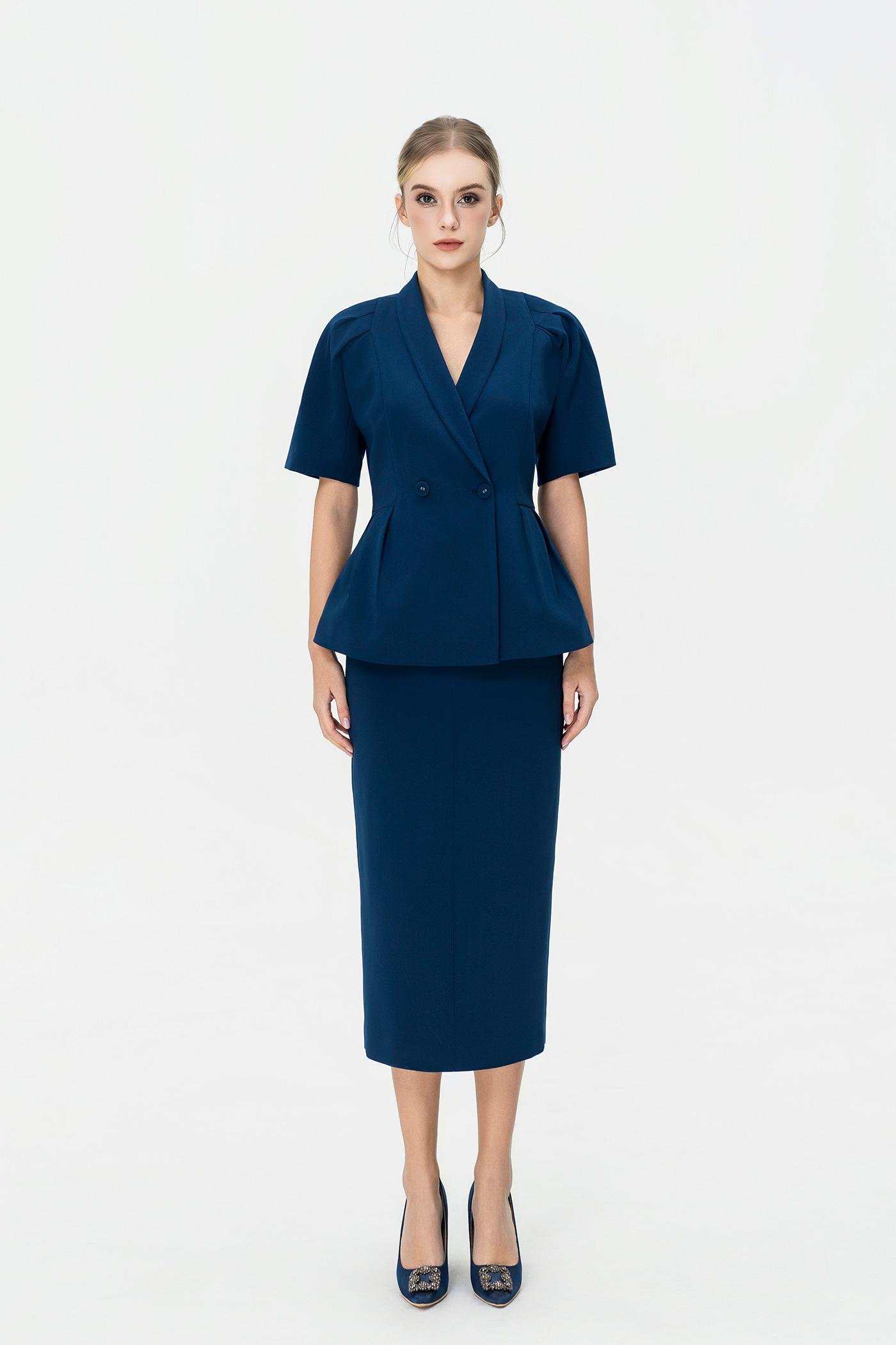 Bộ Blazer Tay Ngắn & Chân Váy Dài – Xanh Cobalt