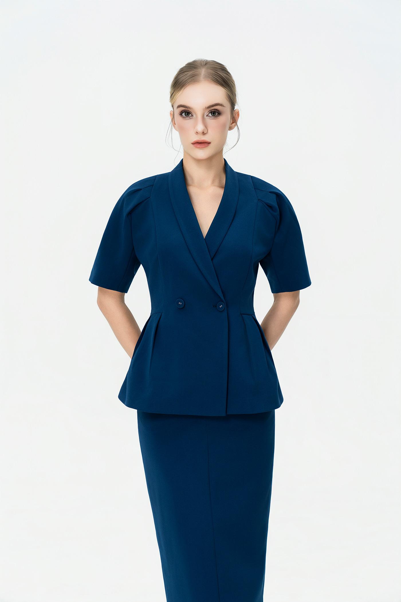 Bộ Blazer Tay Ngắn & Chân Váy Dài – Xanh Cobalt