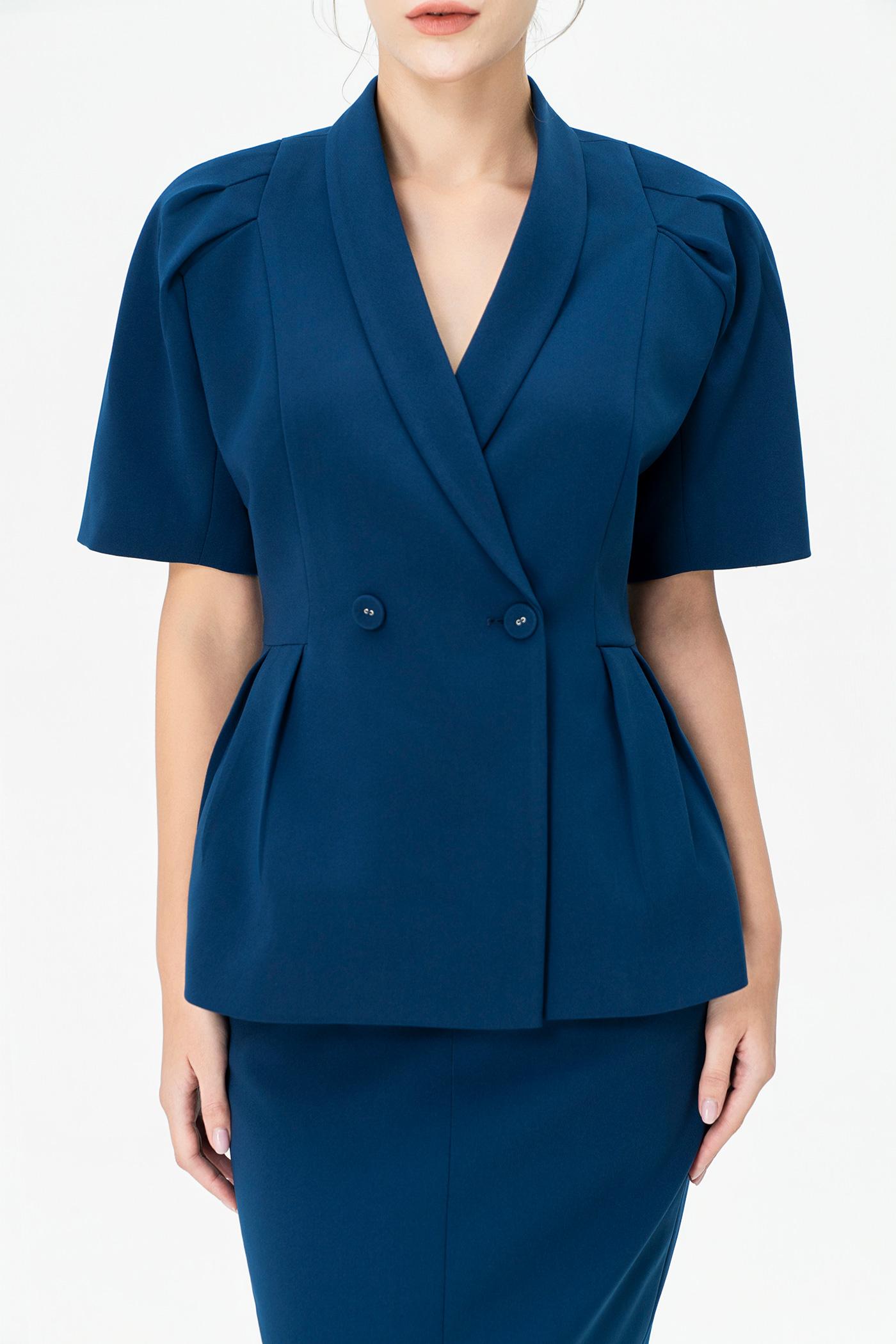 Bộ Blazer Tay Ngắn & Chân Váy Dài – Xanh Cobalt