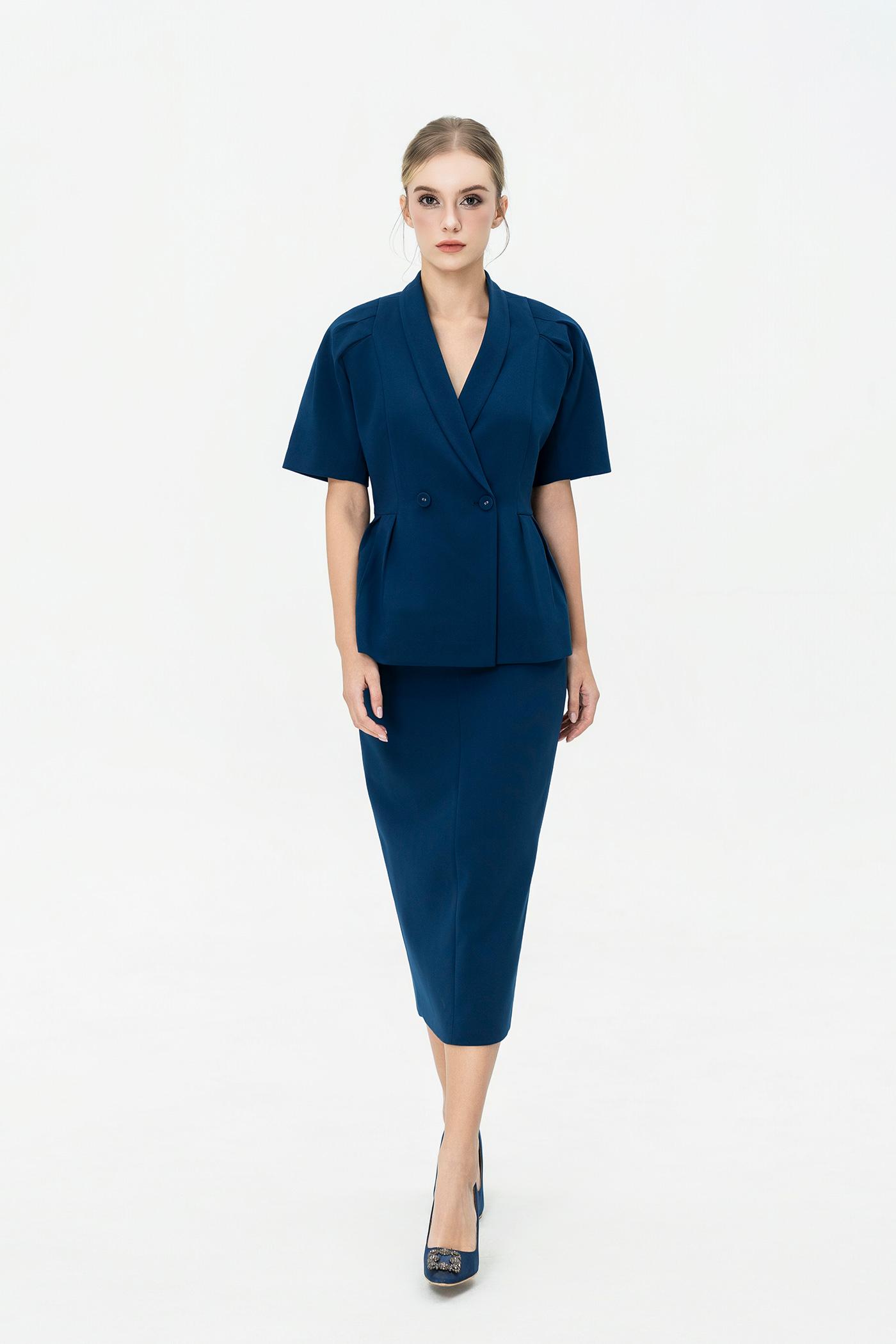 Bộ Blazer Tay Ngắn & Chân Váy Dài – Xanh Cobalt