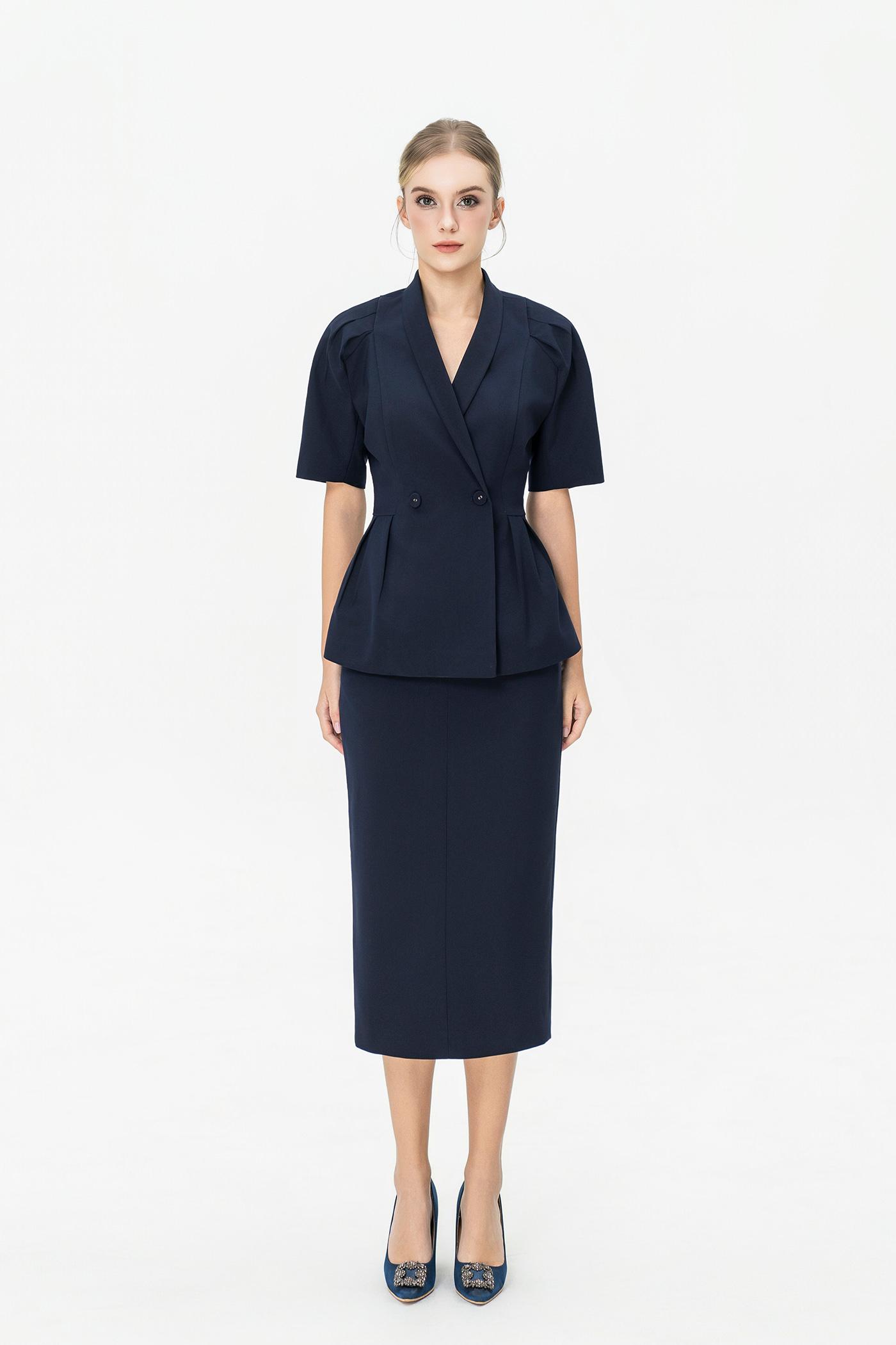 Bộ Blazer Tay Ngắn & Chân Váy Dài – Xanh Navy