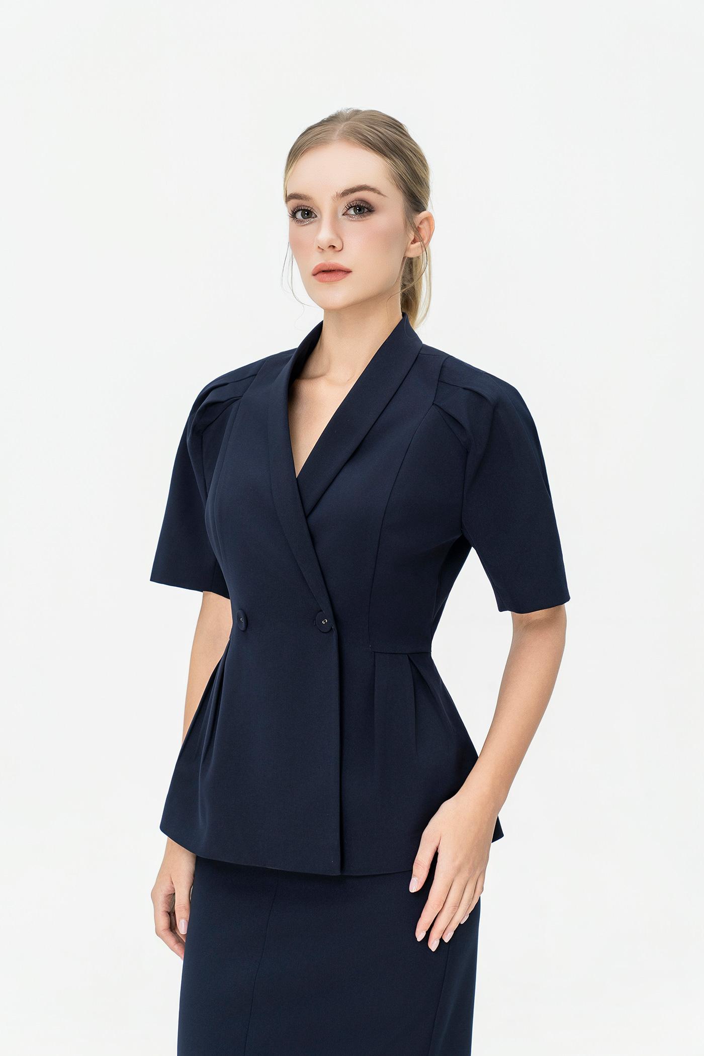 Bộ Blazer Tay Ngắn & Chân Váy Dài – Xanh Navy