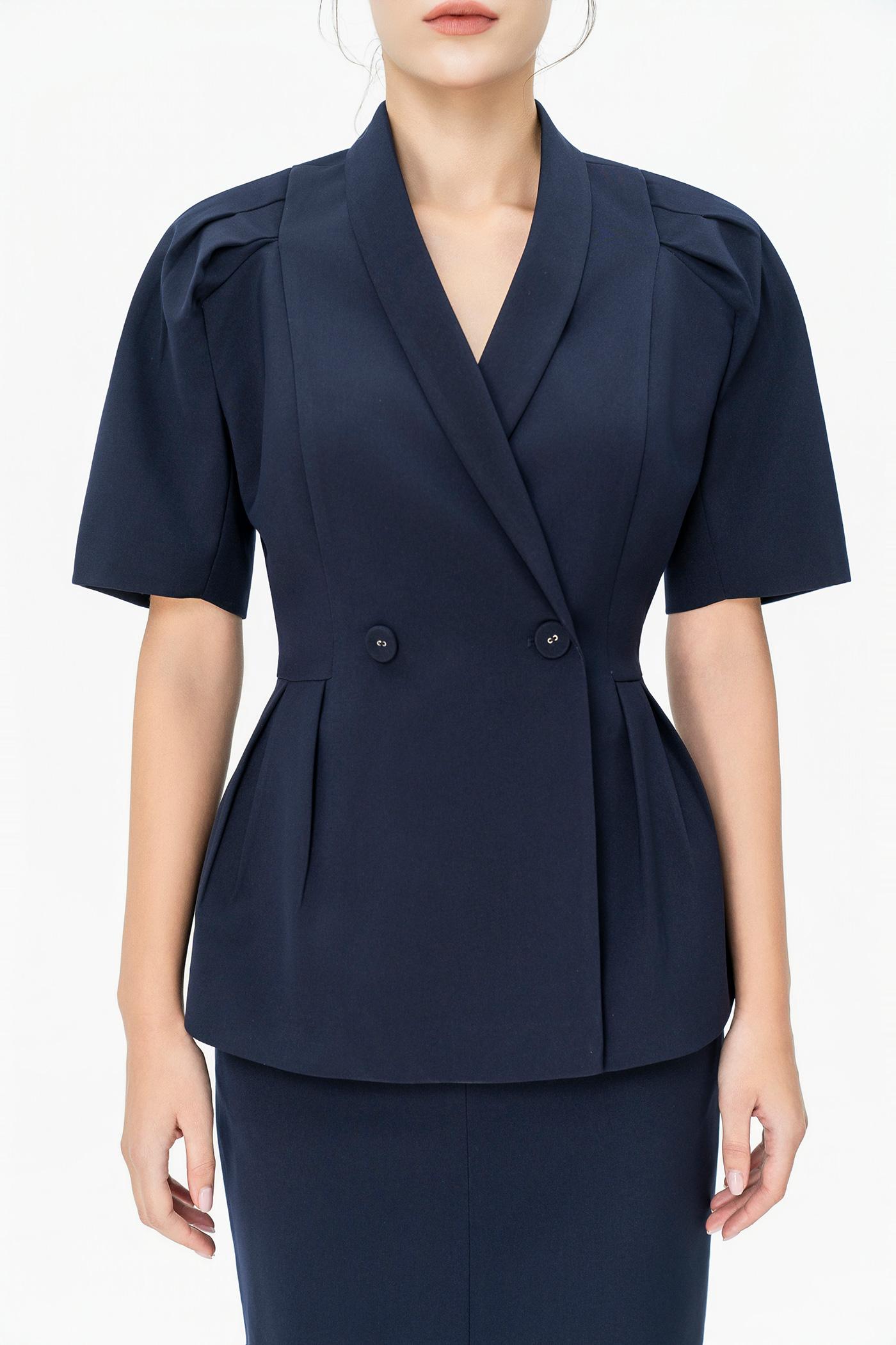Bộ Blazer Tay Ngắn & Chân Váy Dài – Xanh Navy