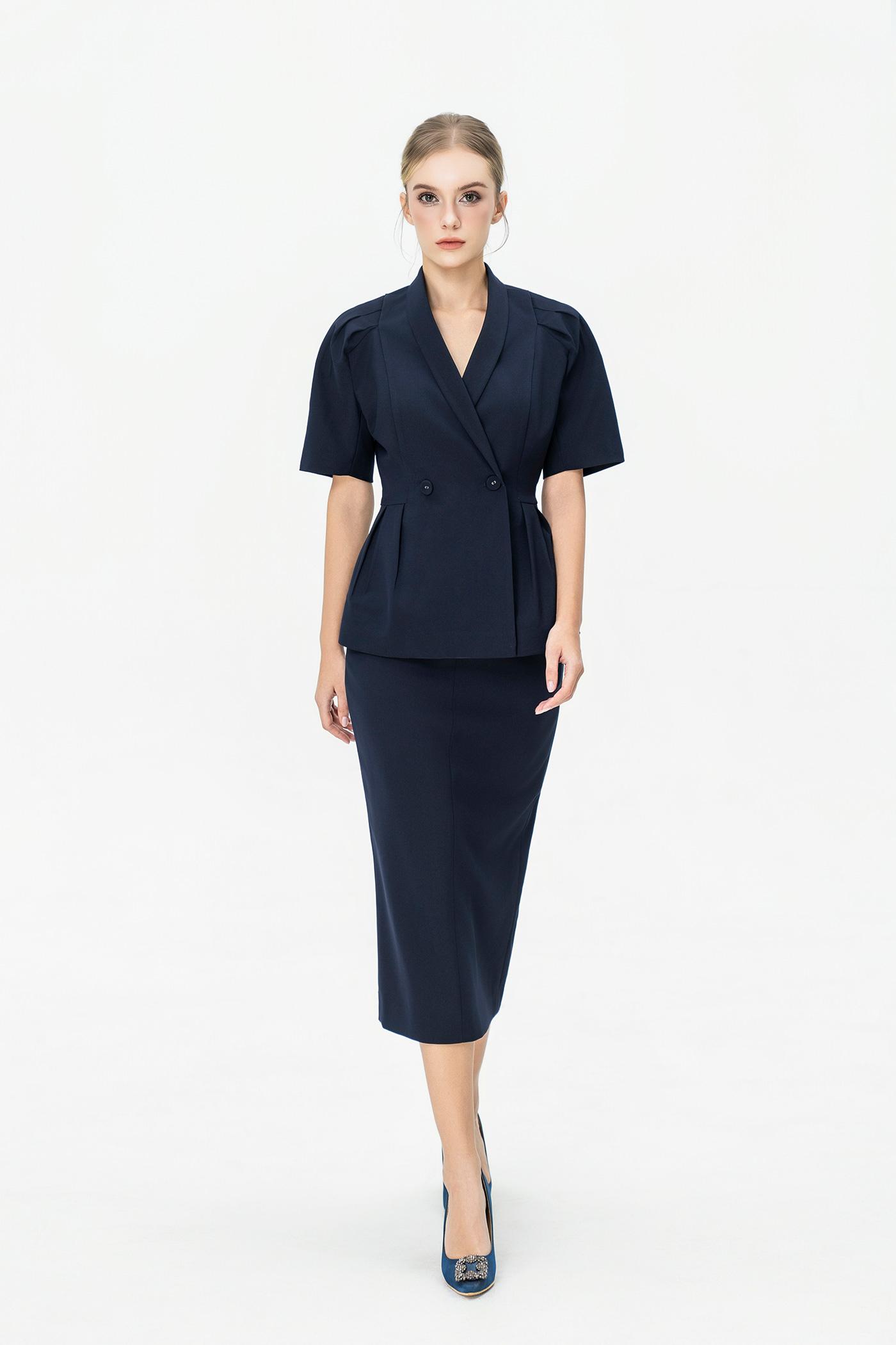 Bộ Blazer Tay Ngắn & Chân Váy Dài – Xanh Navy