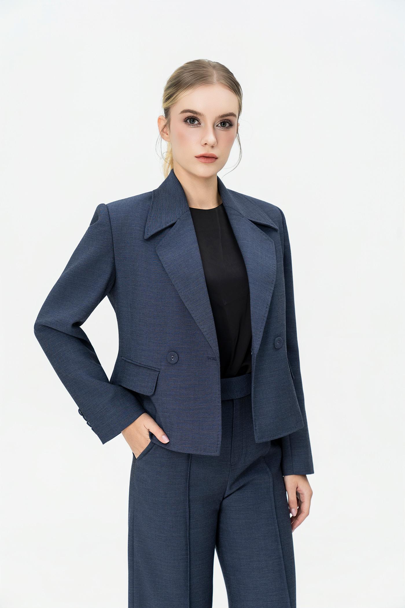Bộ Blazer Dáng Ôm & Quần Ống Suông – Xanh Khói