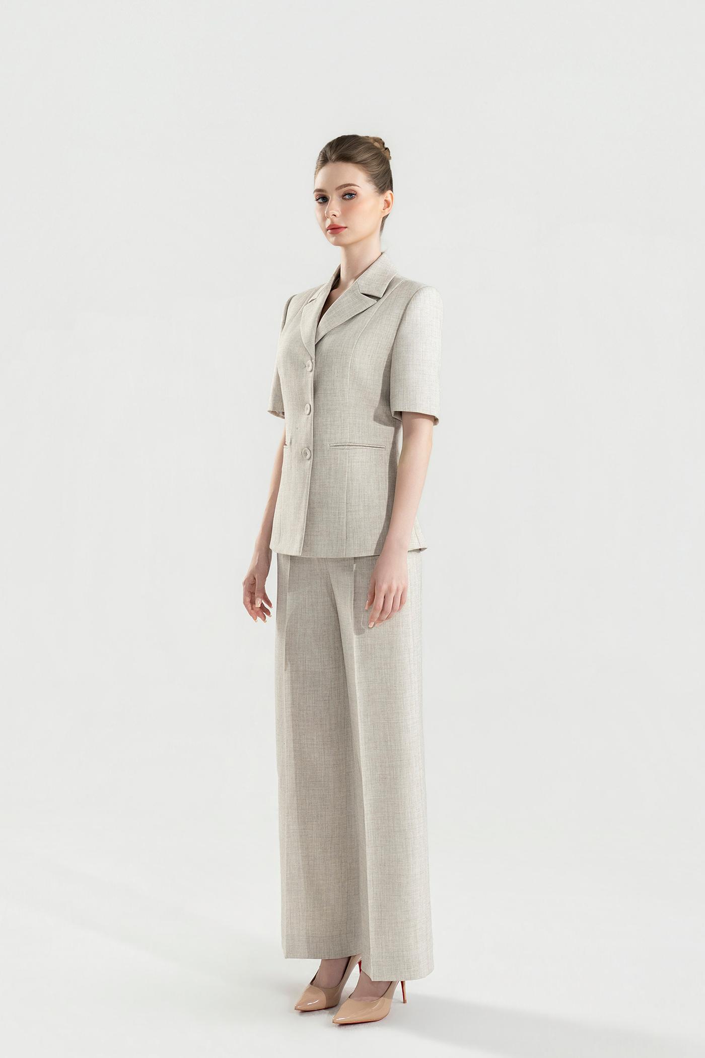 Bộ Suit Tay Ngắn Phom Đứng Màu Be