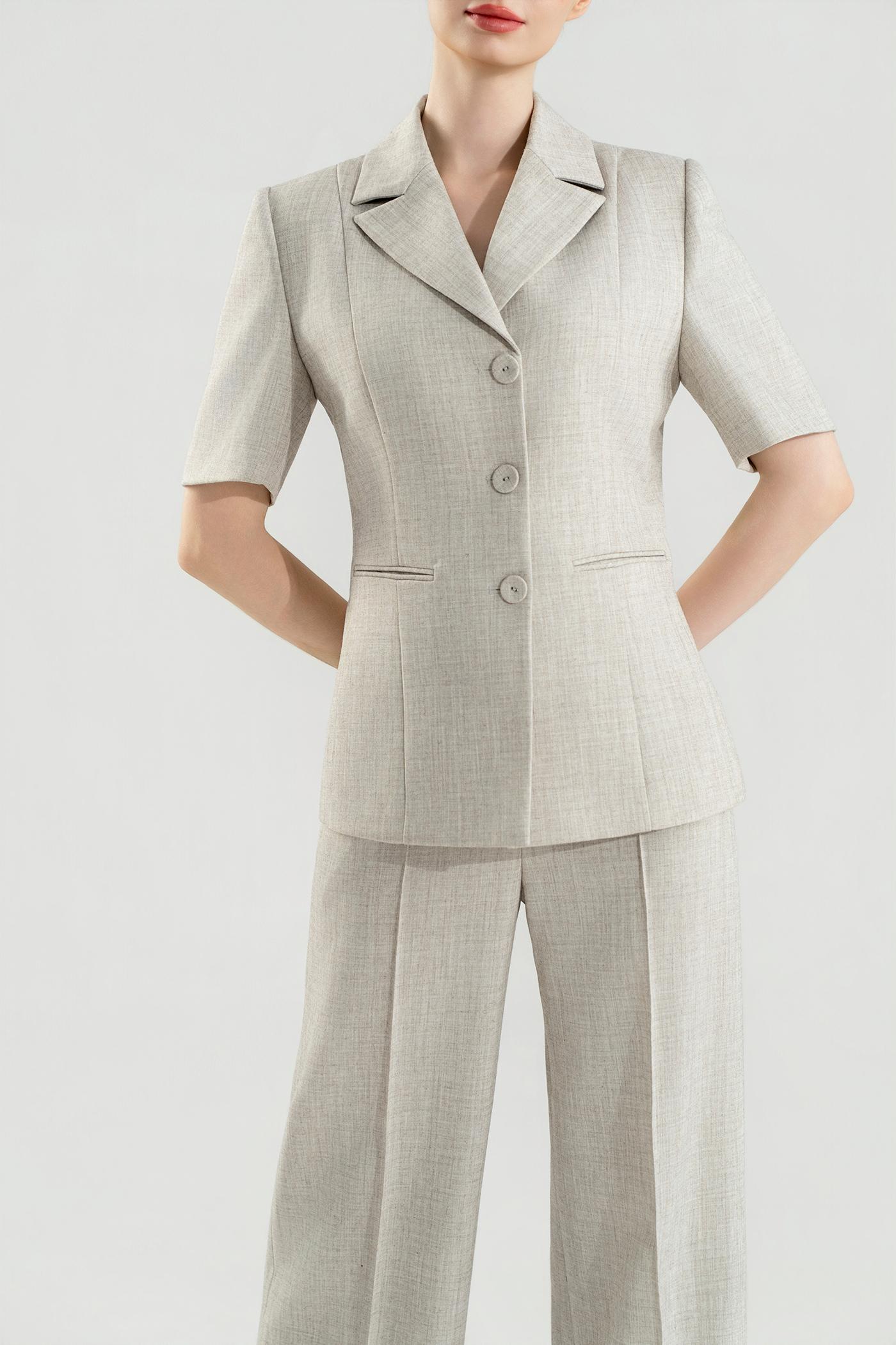 Bộ Suit Tay Ngắn Phom Đứng Màu Be