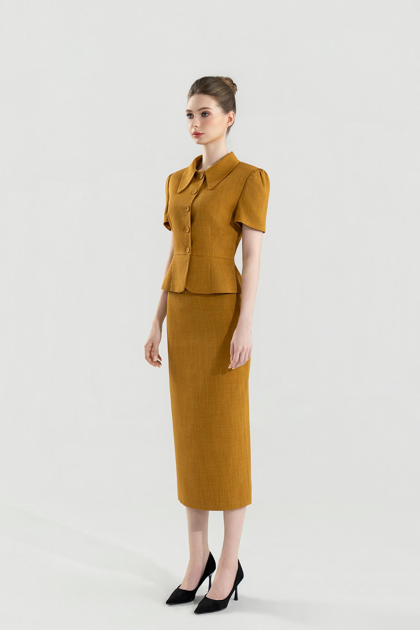Bộ Suit Chân Váy Cổ Sen Màu Vàng Nâu