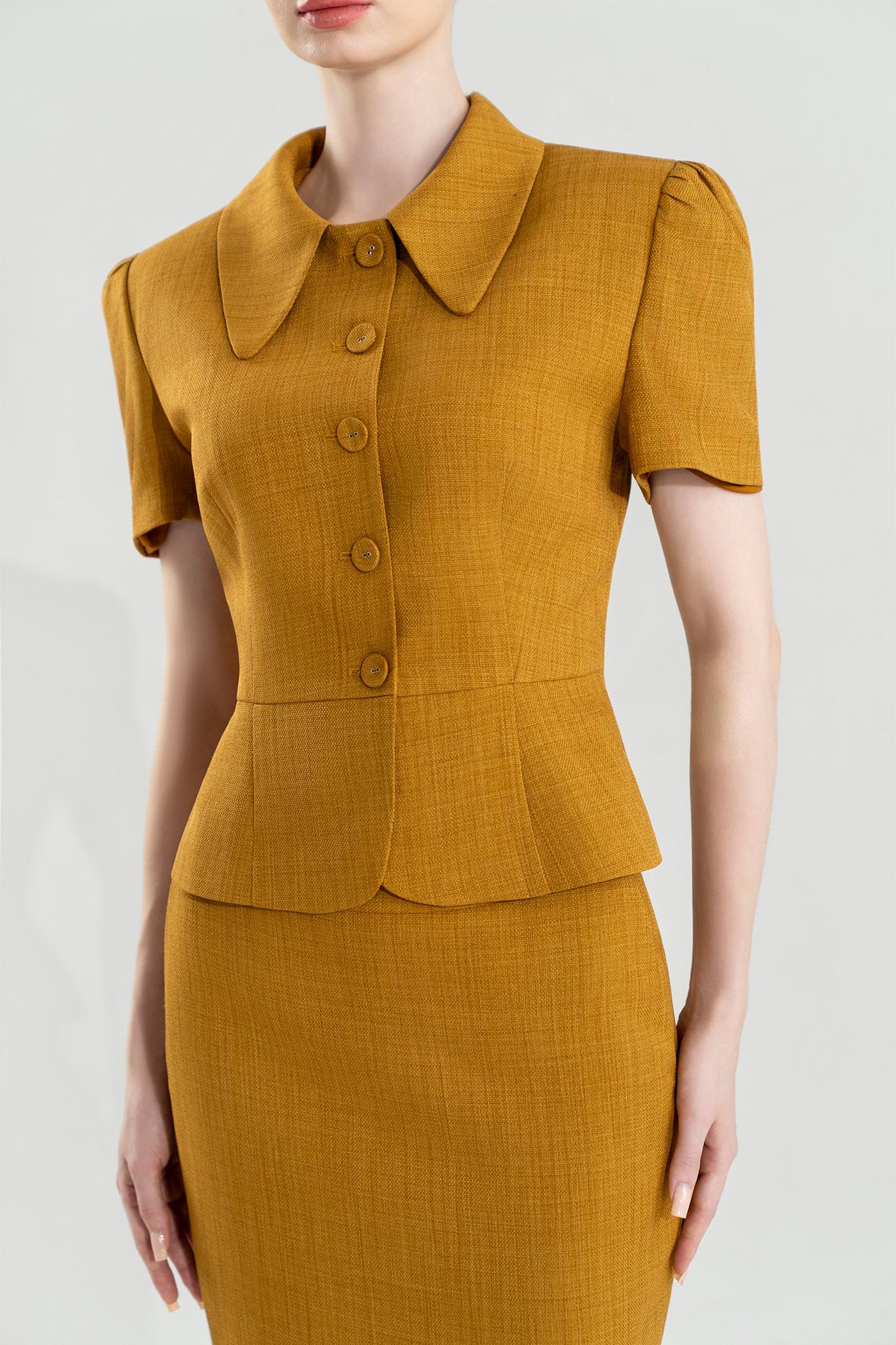 Bộ Suit Chân Váy Cổ Sen Màu Vàng Nâu