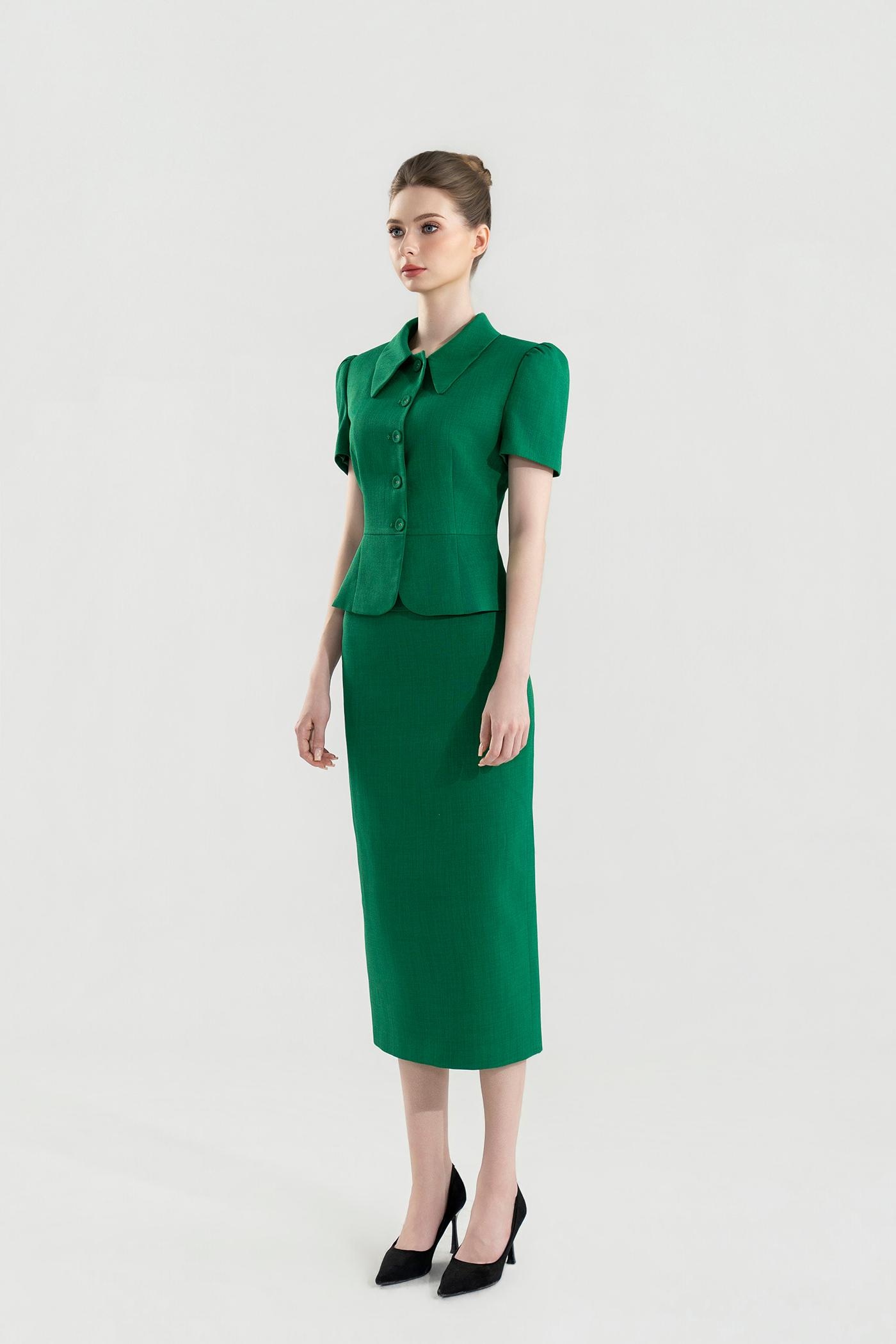 Bộ Suit Chân Váy Cổ Sen Màu Xanh Lá