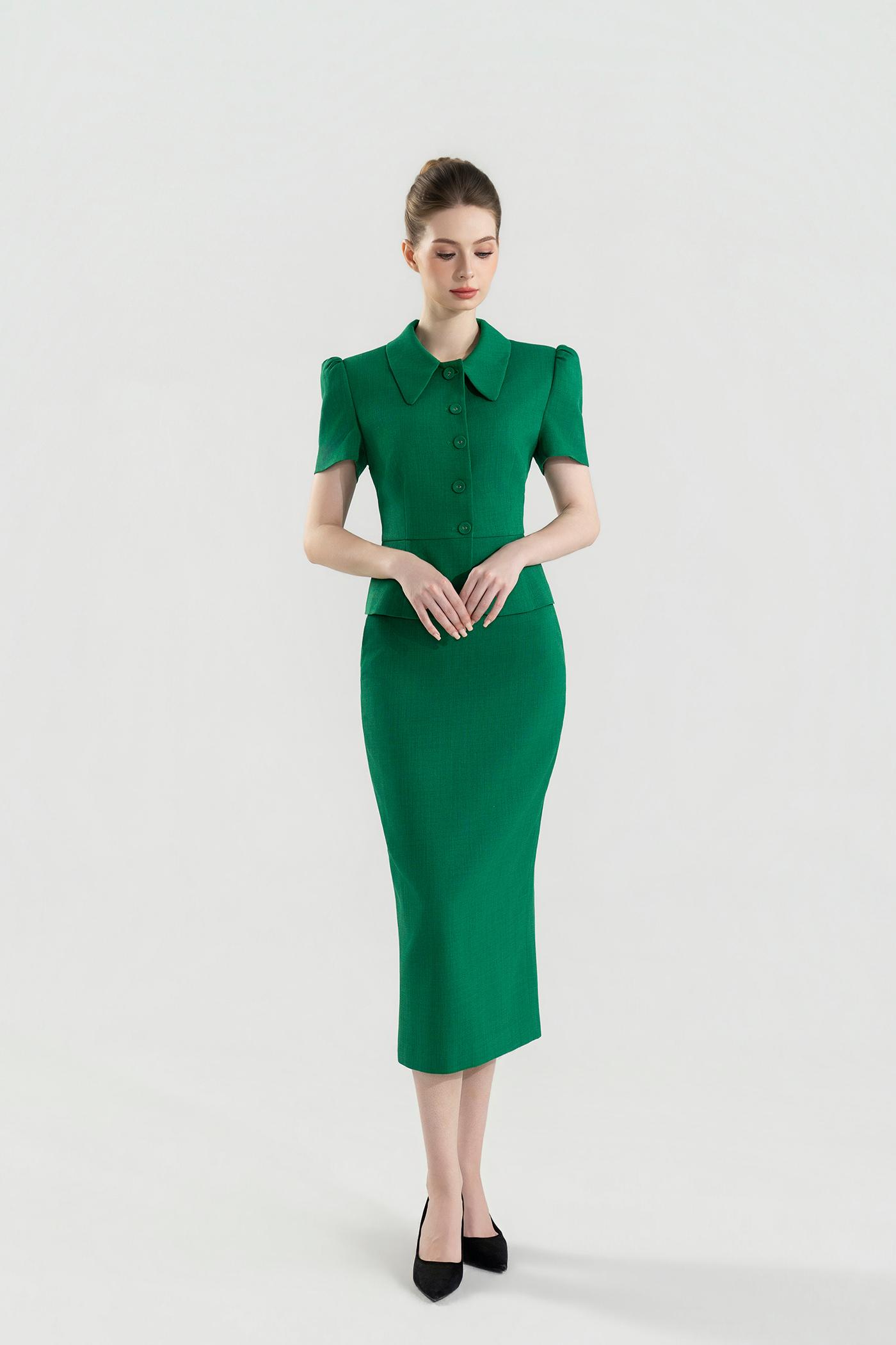 Bộ Suit Chân Váy Cổ Sen Màu Xanh Lá
