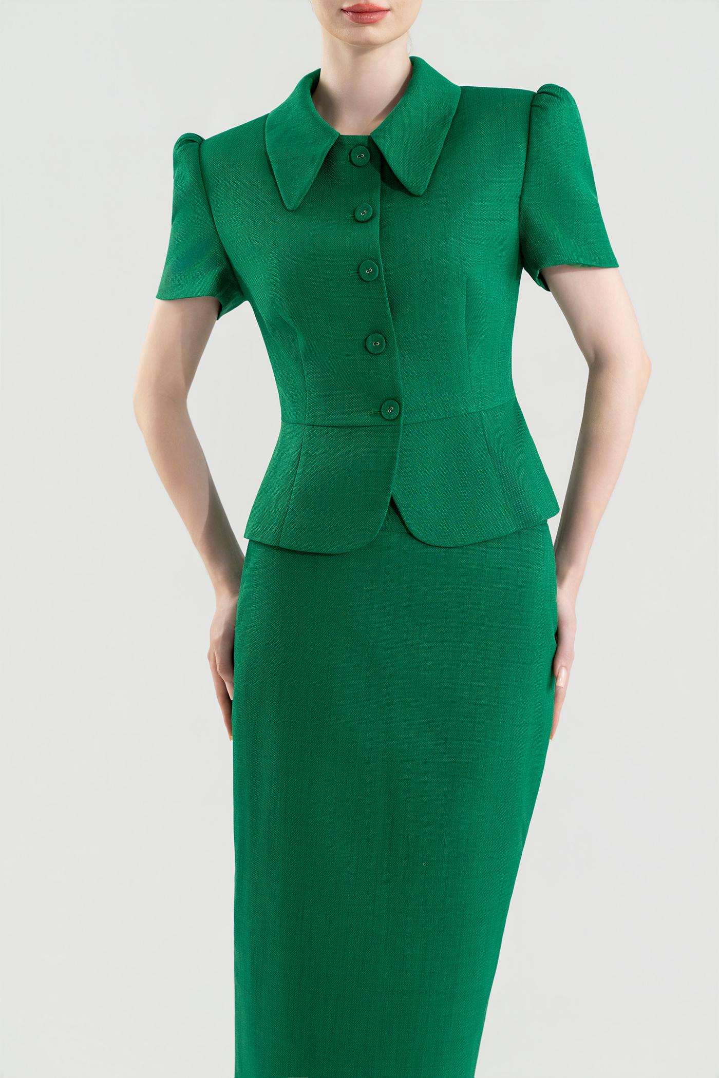 Bộ Suit Chân Váy Cổ Sen Màu Xanh Lá