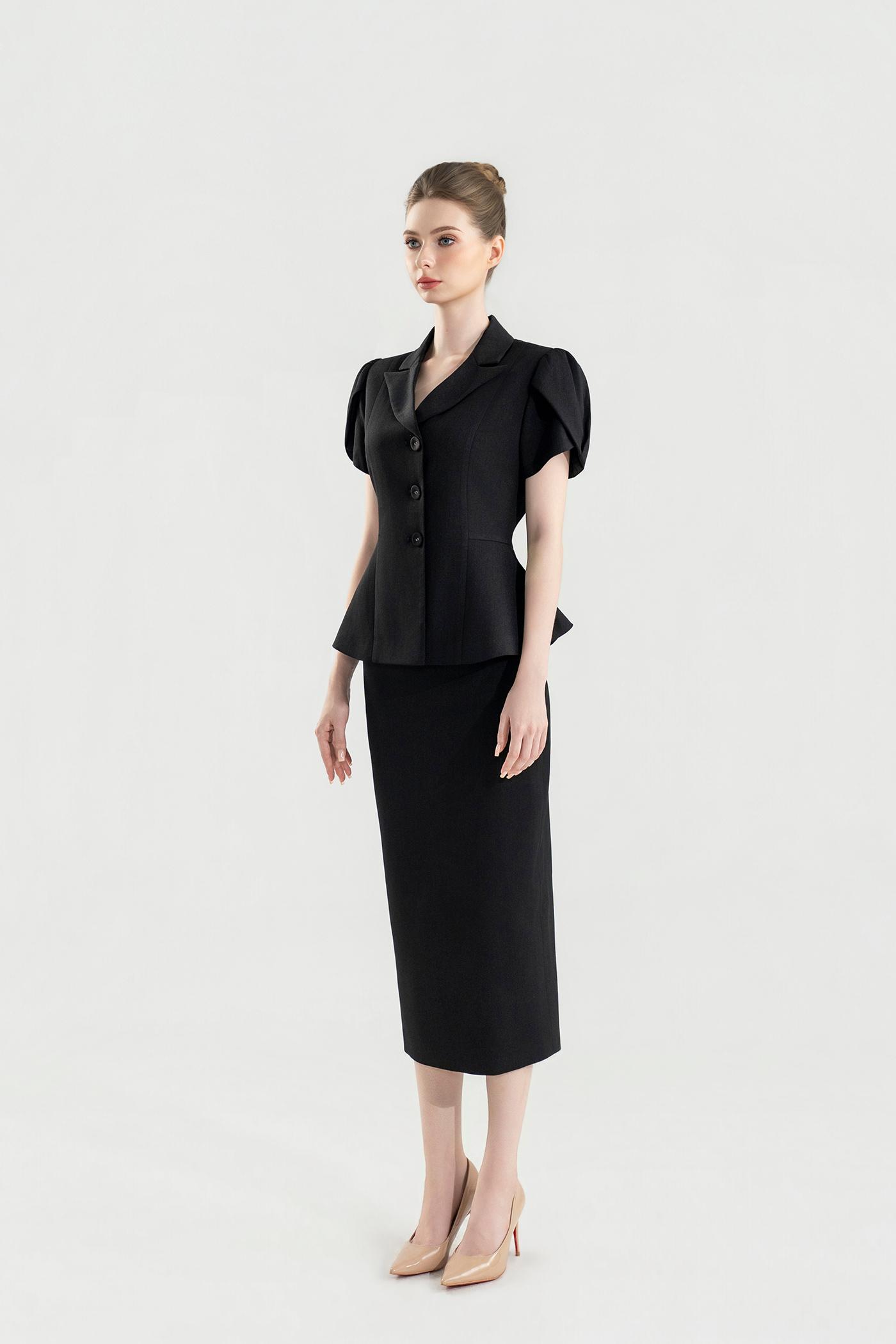 Bộ Suit Chân Váy Tay Phồng Màu Đen