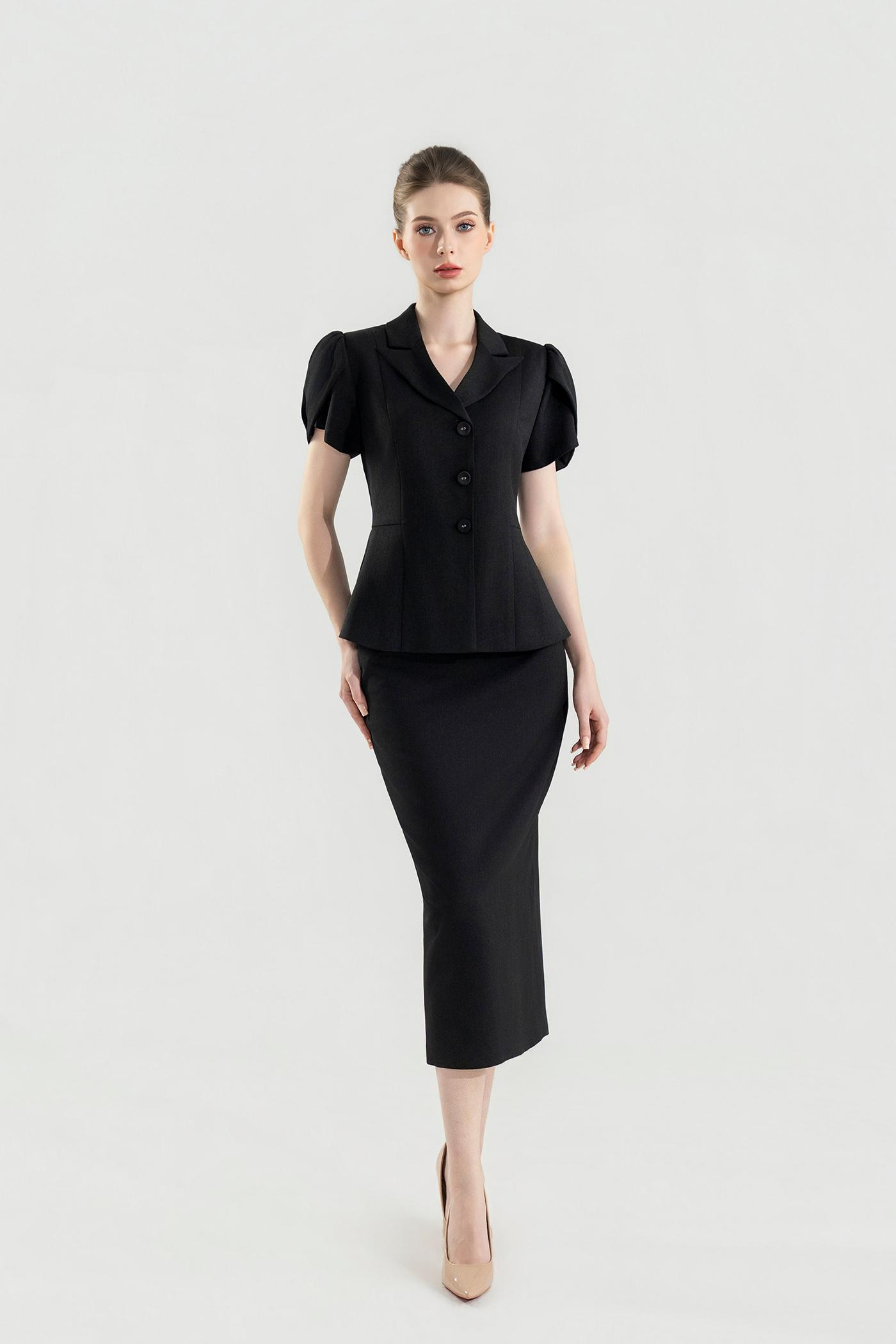 Bộ Suit Chân Váy Tay Phồng Màu Đen