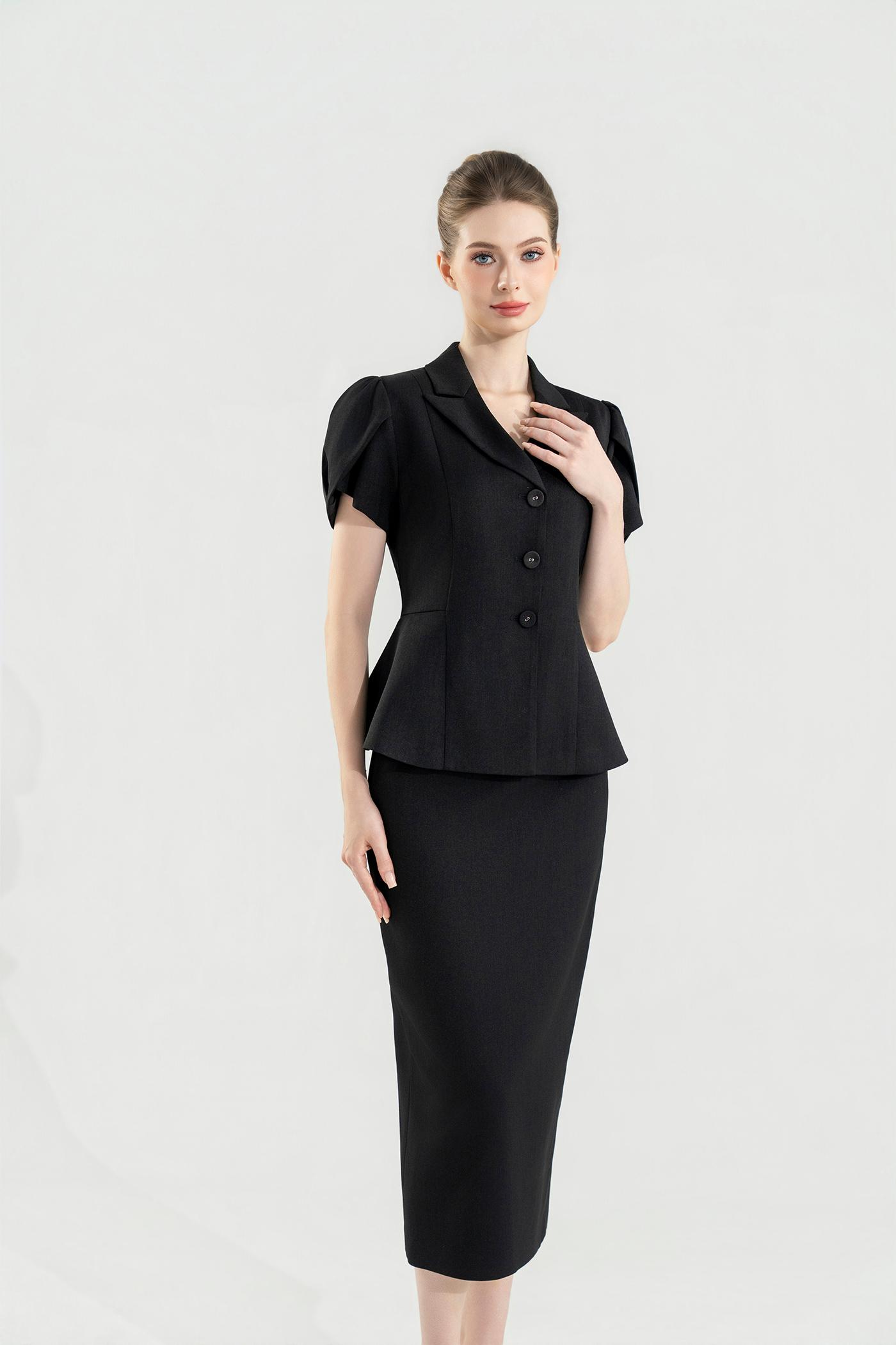 Bộ Suit Chân Váy Tay Phồng Màu Đen
