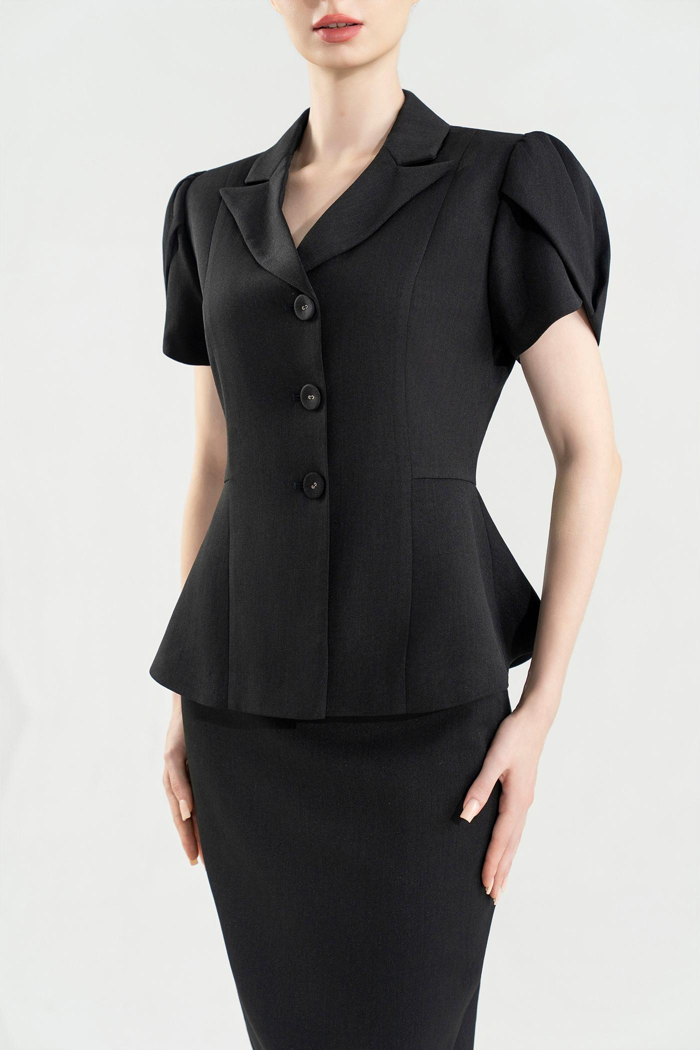 Bộ Suit Chân Váy Tay Phồng Màu Đen