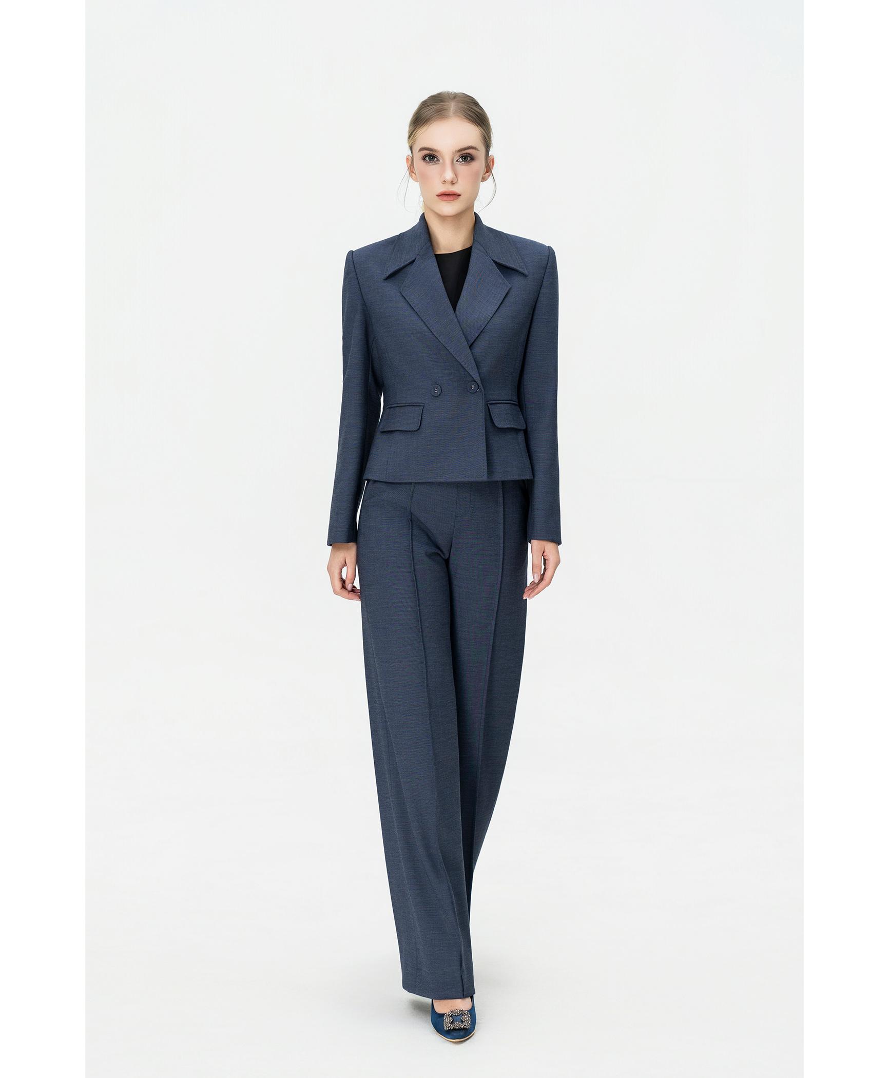 Bộ Blazer Dáng Ôm & Quần Ống Suông – Xanh Khói