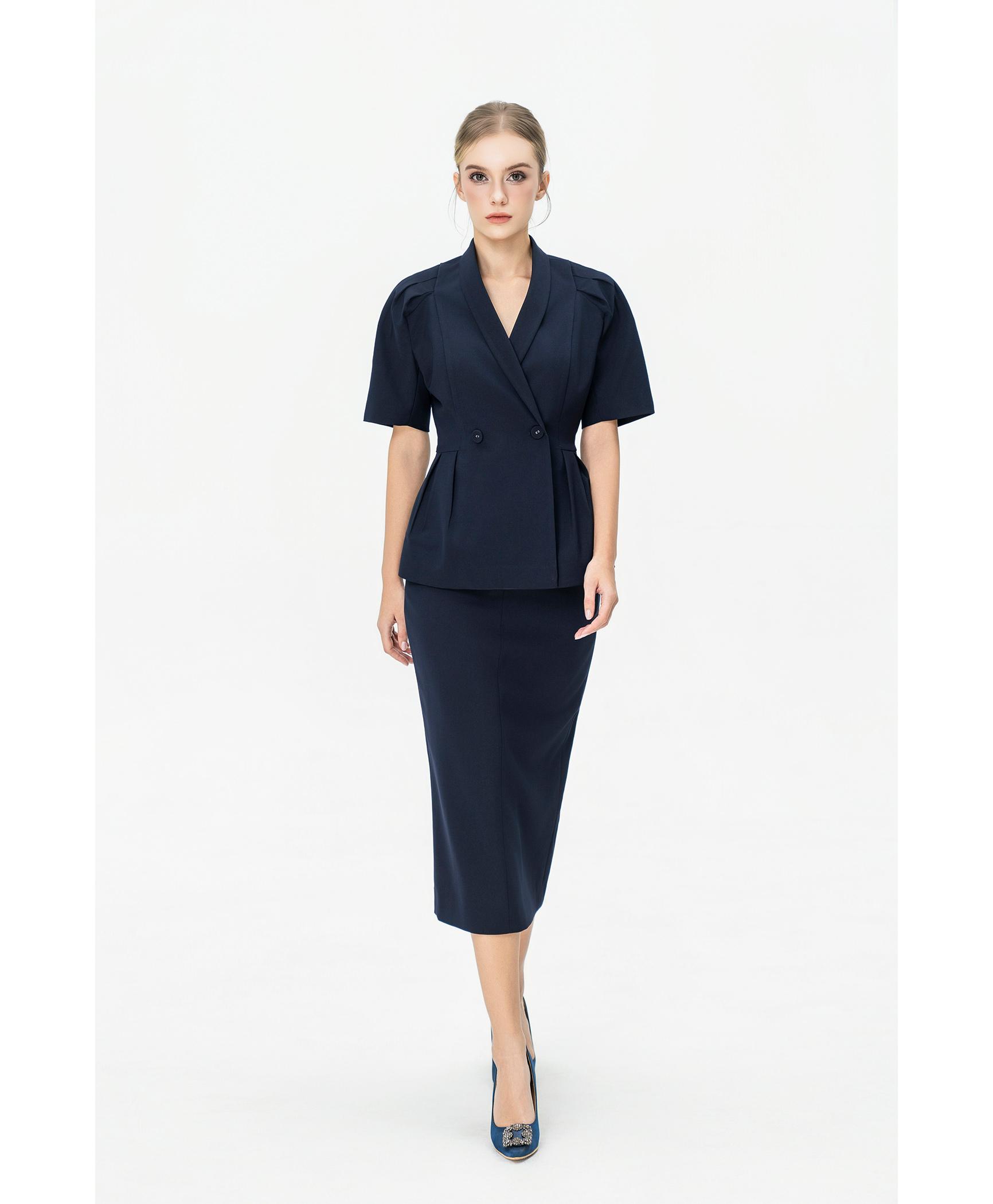 Bộ Blazer Tay Ngắn & Chân Váy Dài – Xanh Navy