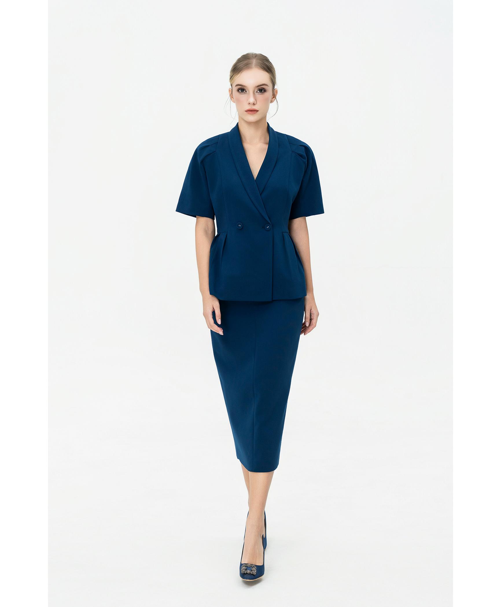 Bộ Blazer Tay Ngắn & Chân Váy Dài – Xanh Cobalt