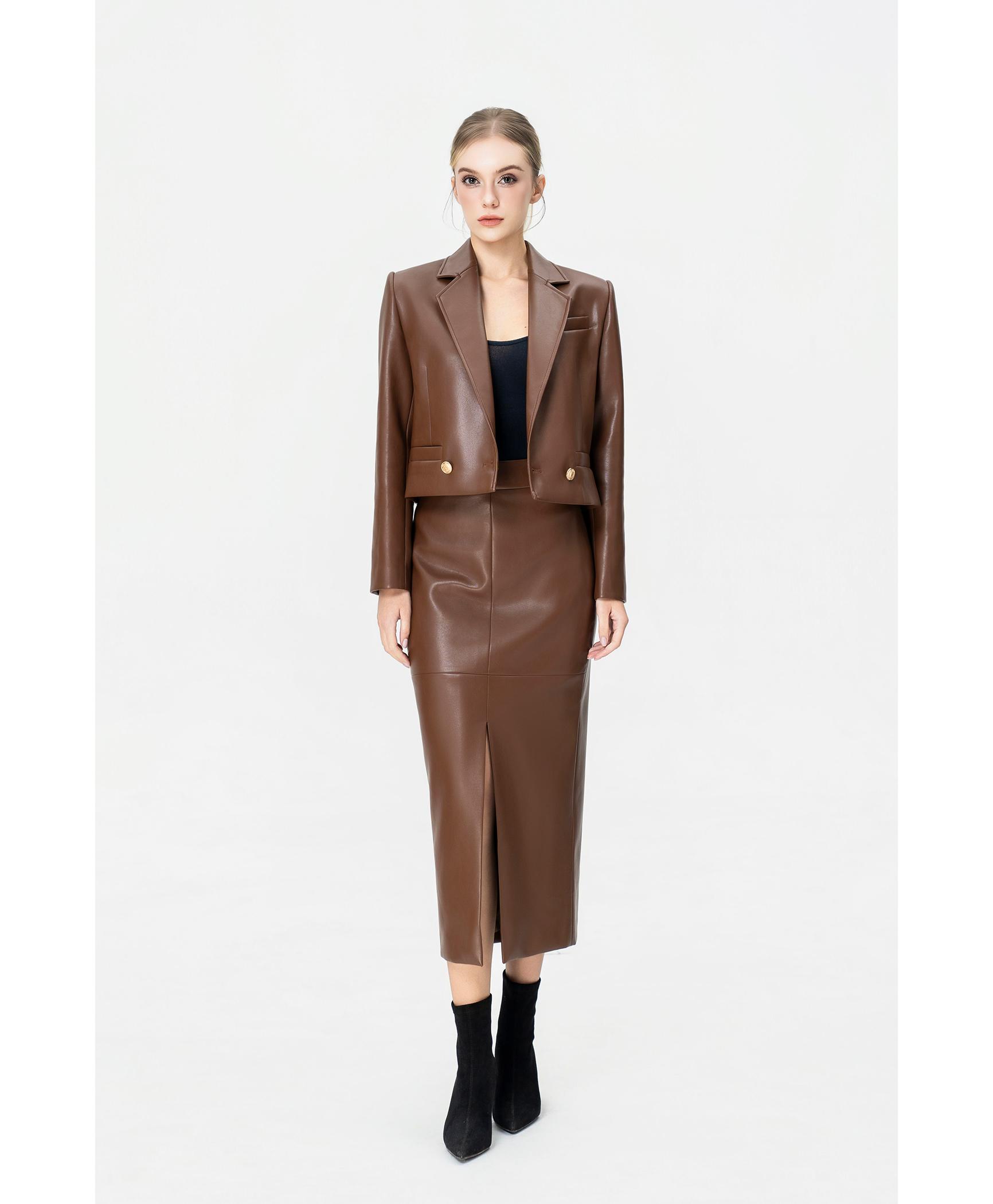 Bộ Blazer Cropped & Chân Váy Bút Chì Da PU