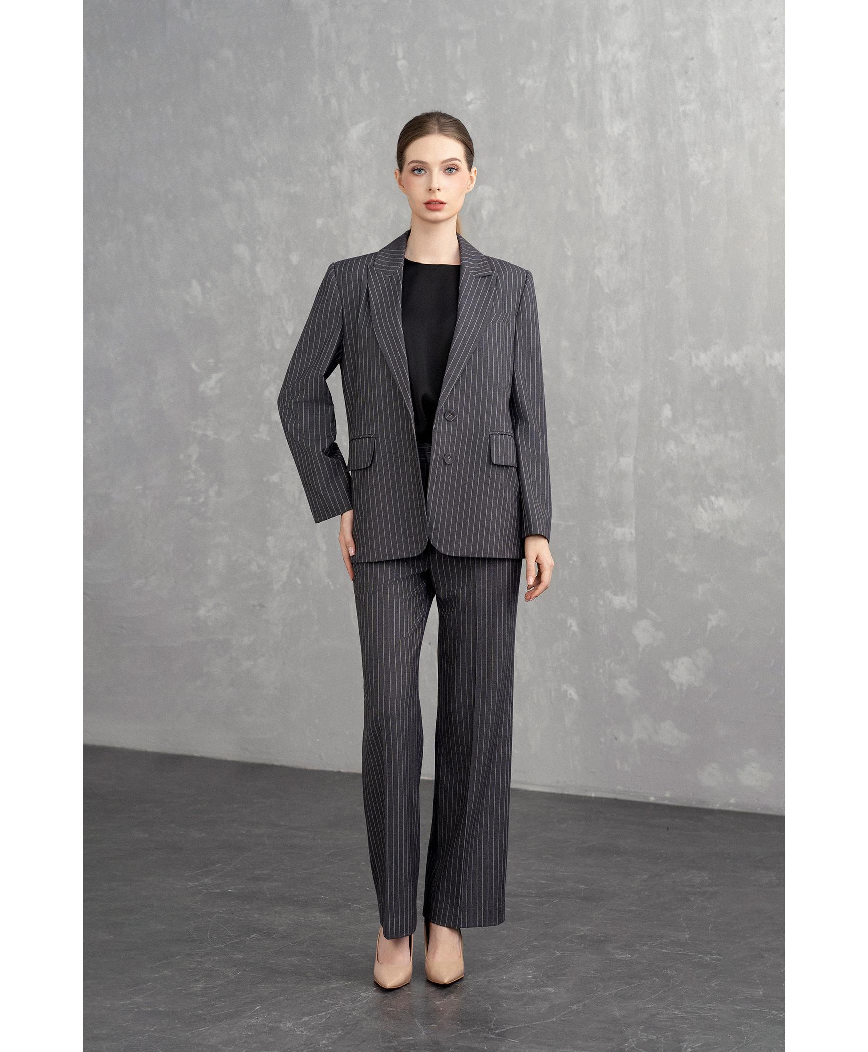 Bộ Suit Nữ Blazer Thanh Lịch & Quần Suông Kẻ Sọc – Xám Pinstripe