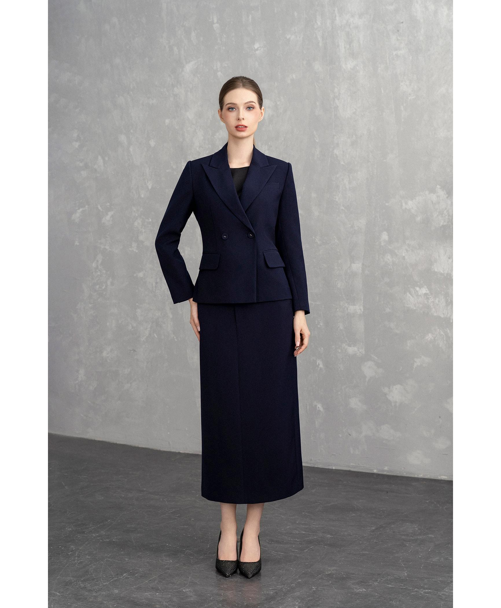 Bộ Suit Nữ Blazer Thanh Lịch & Chân Váy Dài – Xanh Navy
