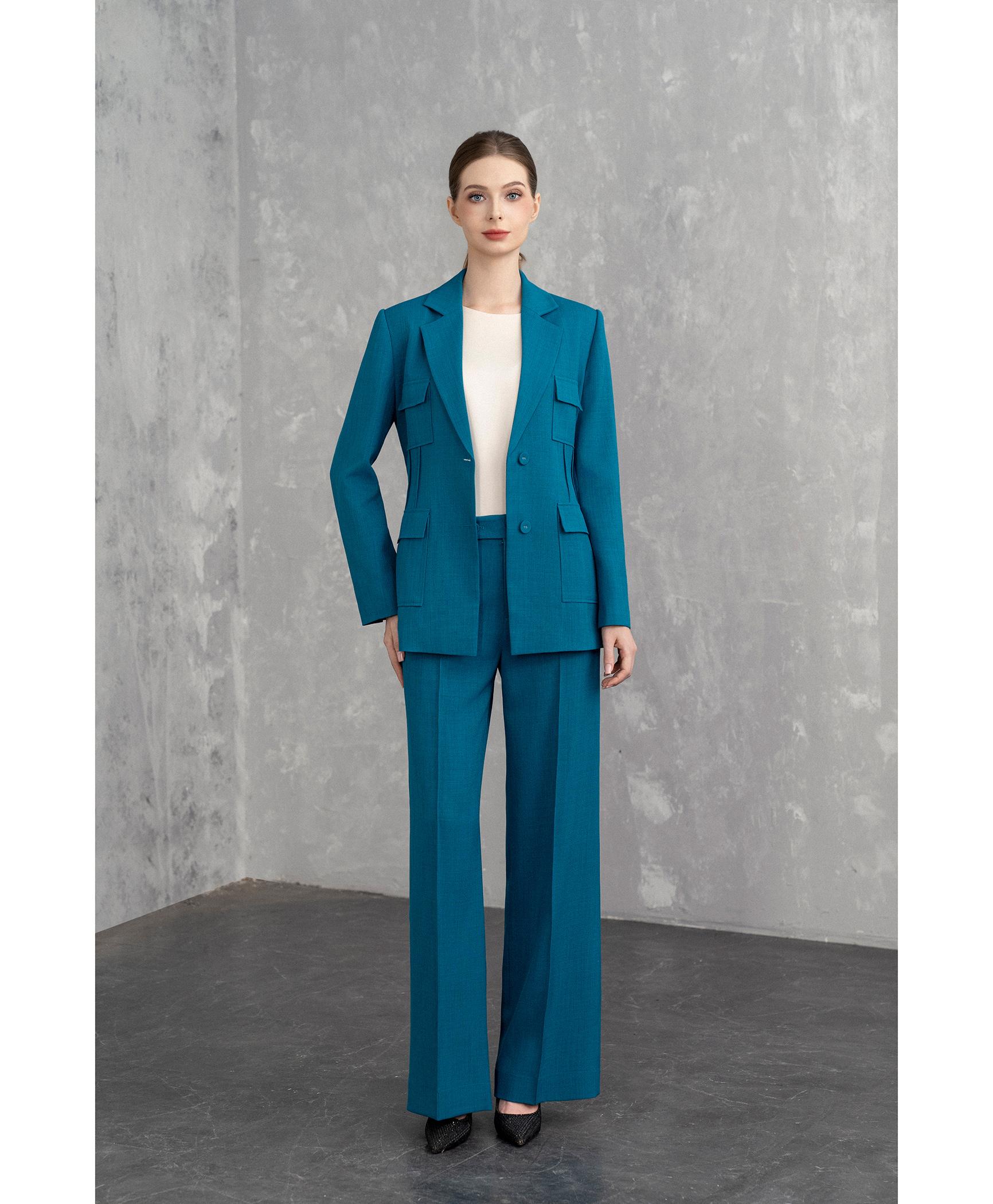 Bộ Suit Nữ Blazer Thanh Lịch & Quần Ống Rộng – Xanh Teal