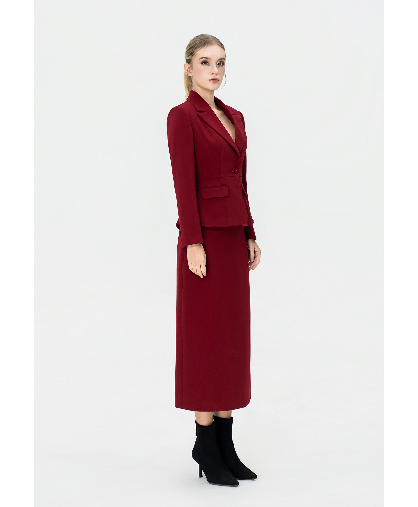 Bộ suit nữ chân váy đỏ blazer chiết eo