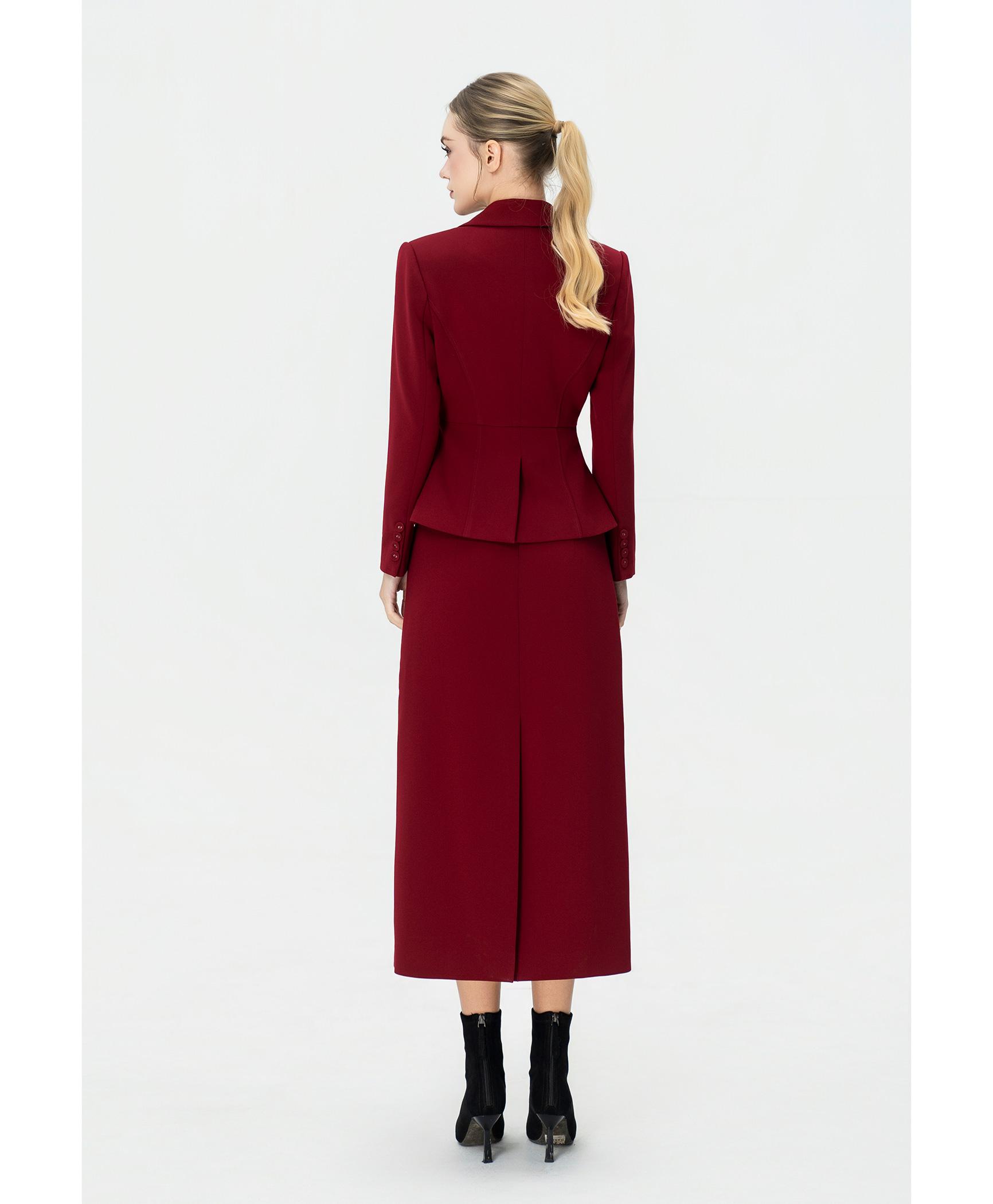 Bộ suit nữ chân váy đỏ blazer chiết eo