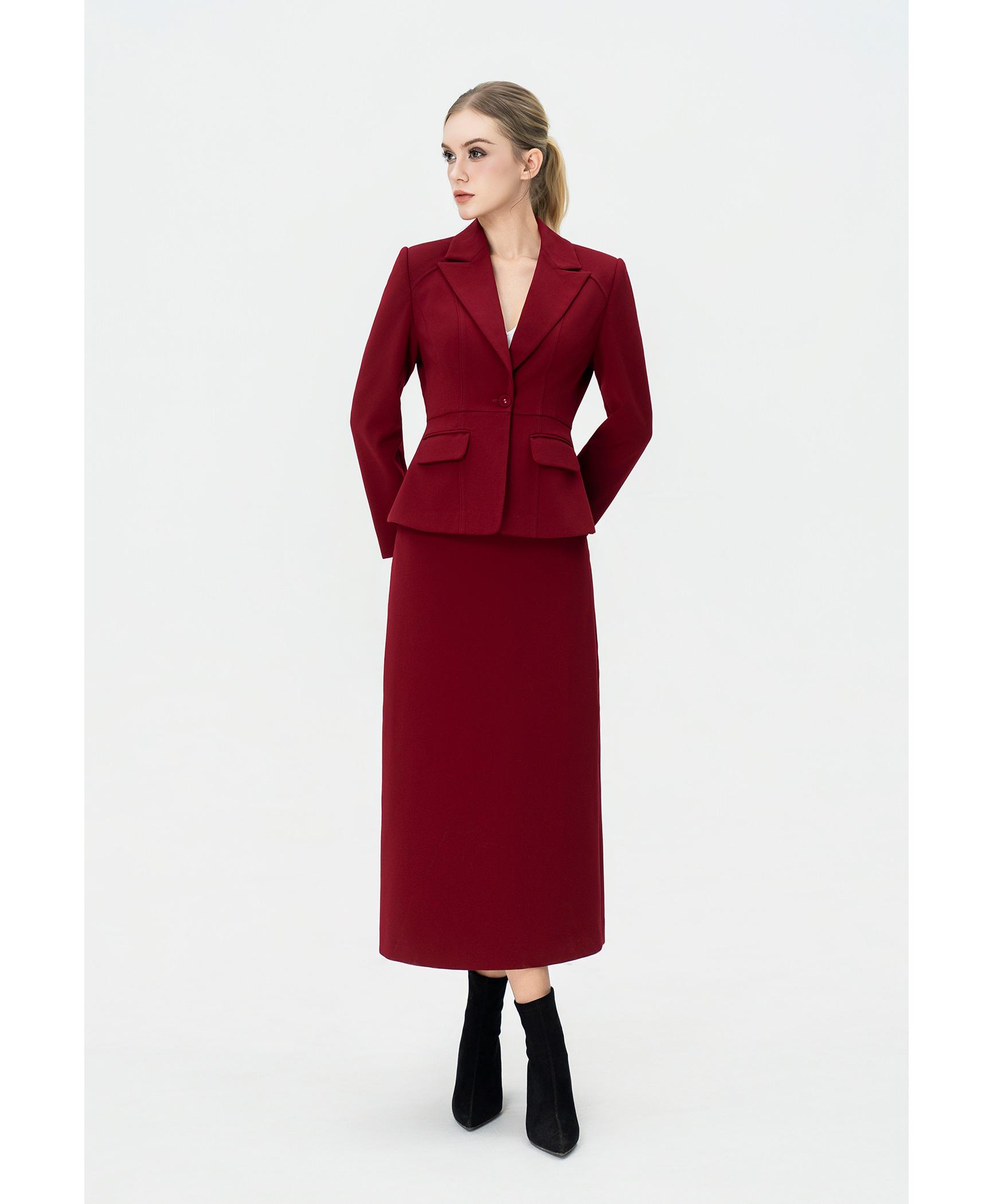 Bộ suit nữ chân váy đỏ blazer chiết eo