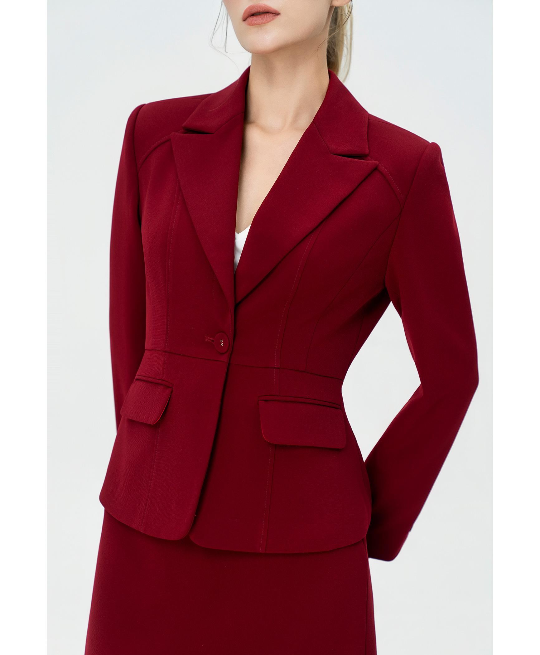 Bộ suit nữ chân váy đỏ blazer chiết eo