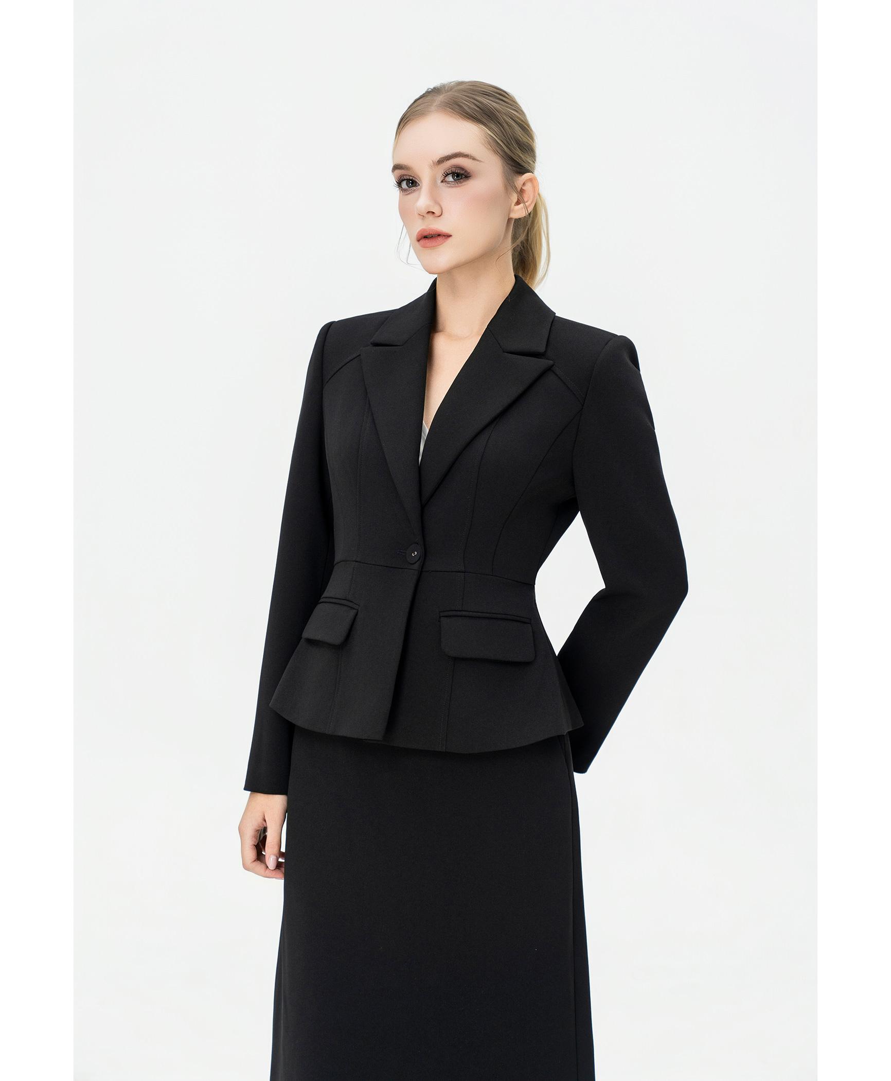 Bộ suit nữ chân váy đen blazer chiết eo