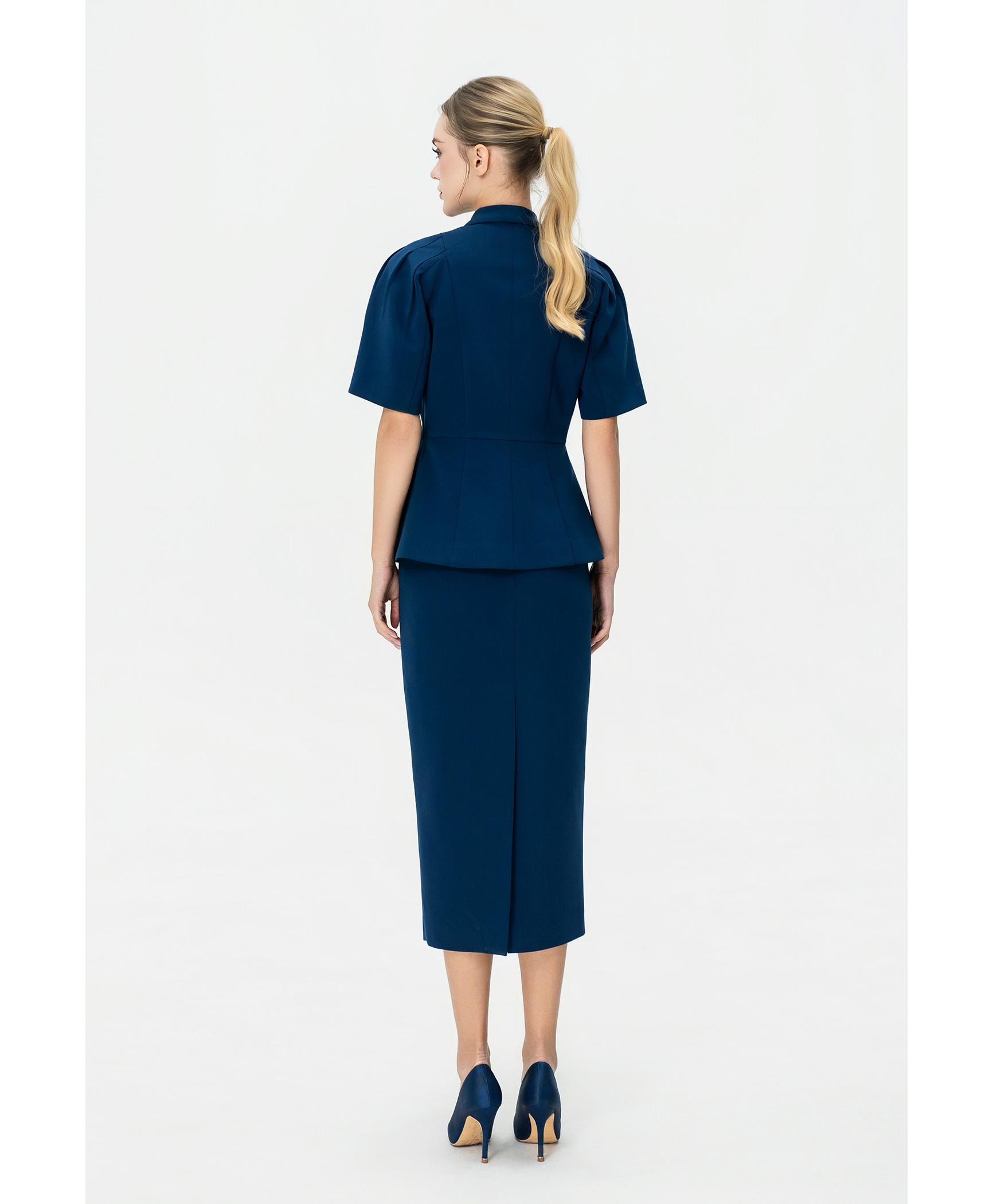 Bộ suit nữ chân váy xanh cobalt tay phồng nhẹ
